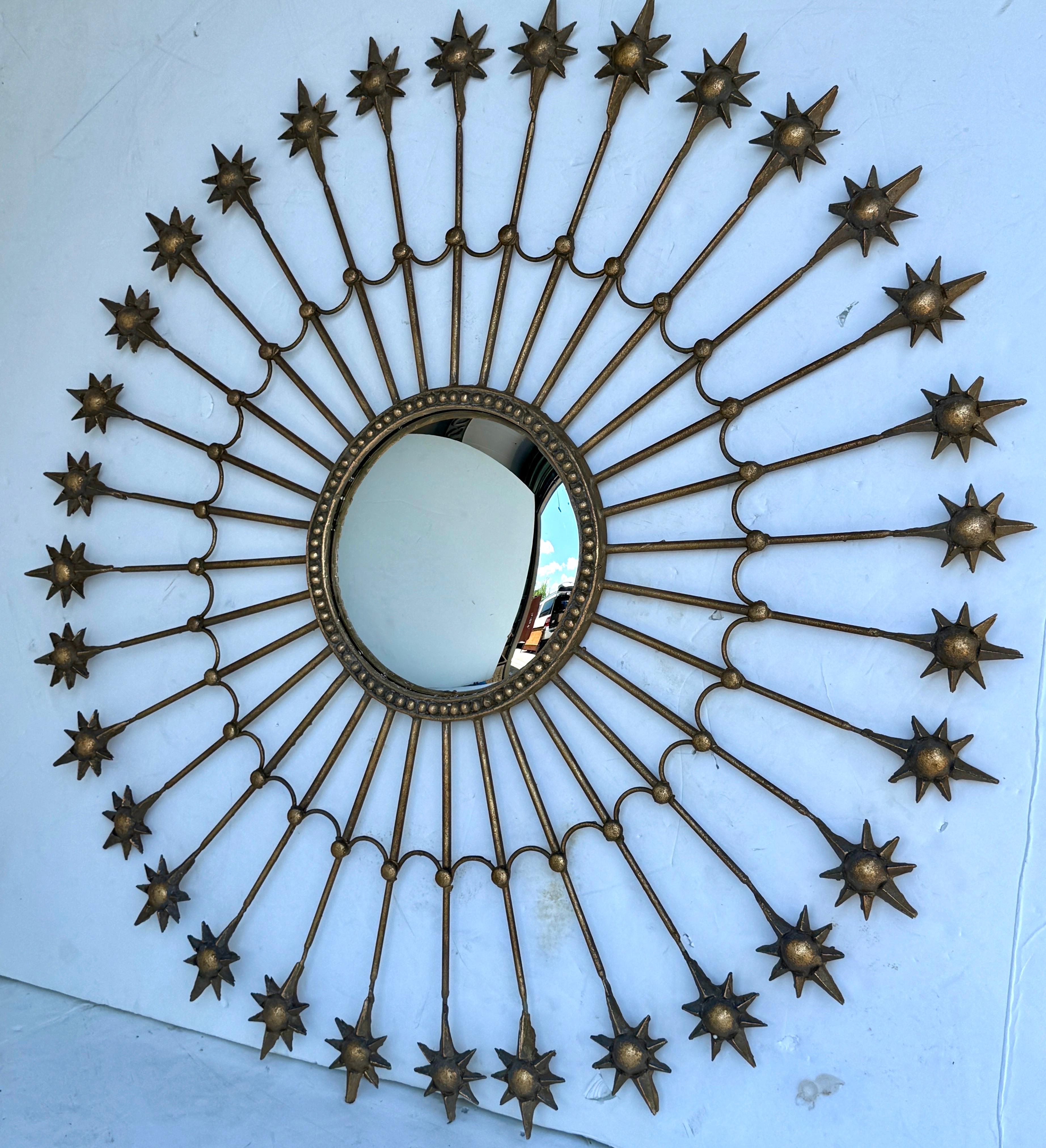 American Large Round Gold Leaf Sunburst Starburst Mirror Hollywood Regency For Sale