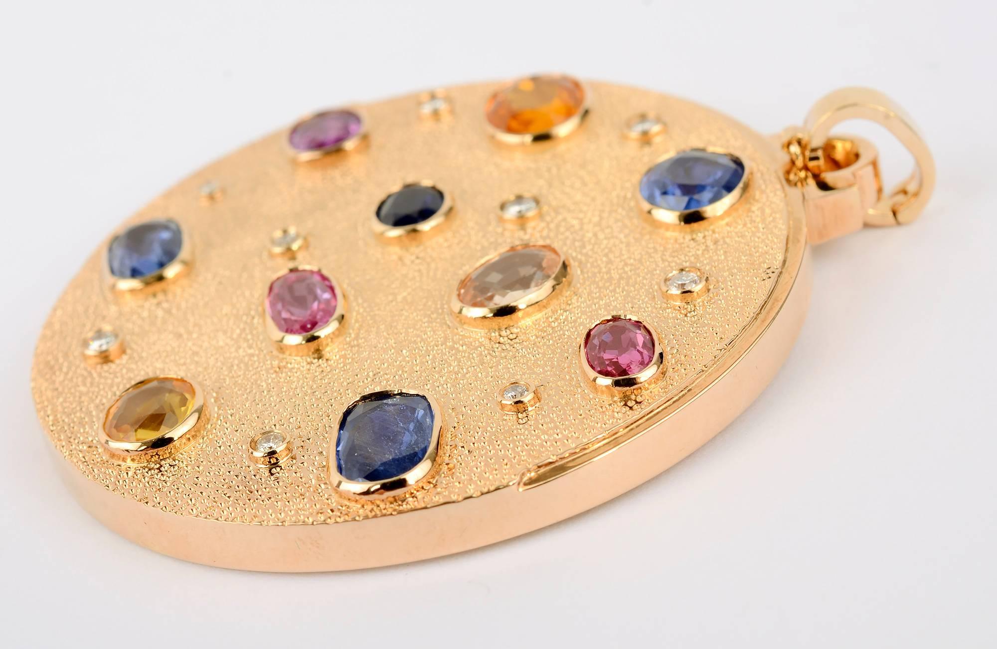 Modern Large Round Gold Pendant with Gemstones