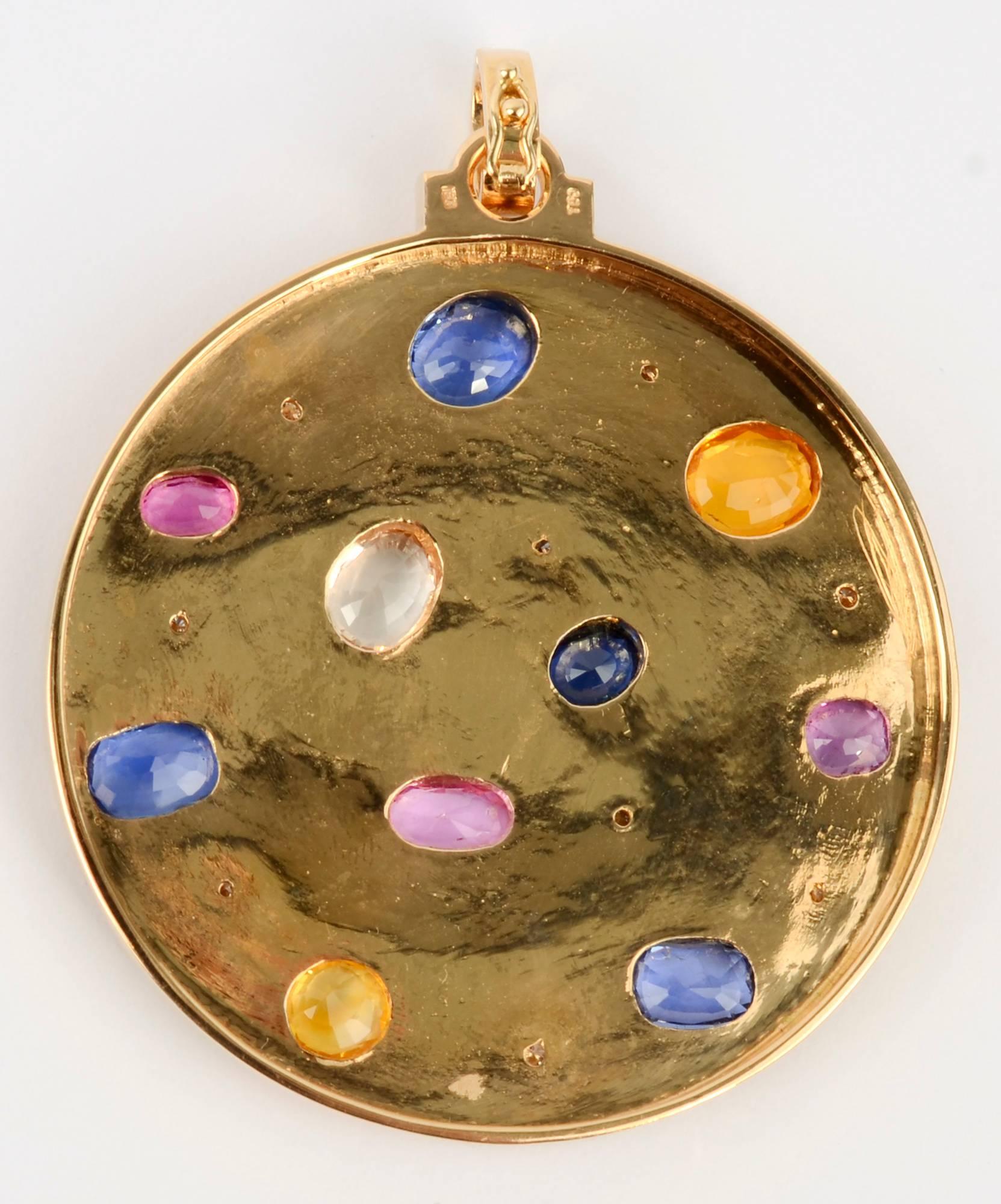 Large Round Gold Pendant with Gemstones In Excellent Condition In Darnestown, MD