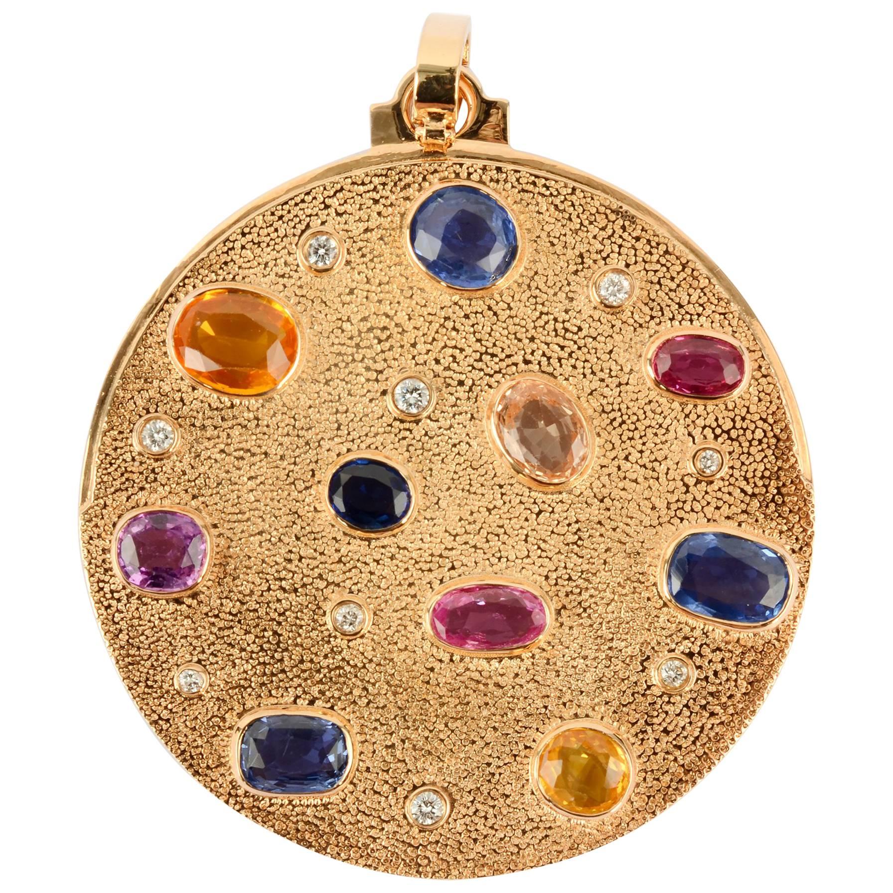 Large Round Gold Pendant with Gemstones