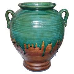 Large Round Green and Brown Drip Glaze Ceramic Planter with Handles