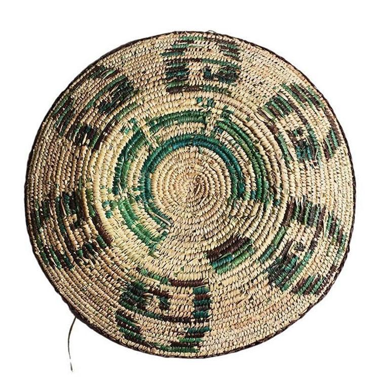 Folk Art Large Round Green and Brown Woven Basket, Mexico For Sale