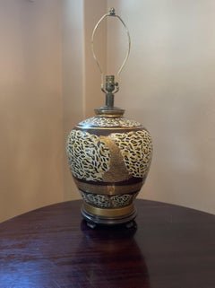 Large Round Hand-Painted Ceramic and Brass Table Lamp with Animal Motif