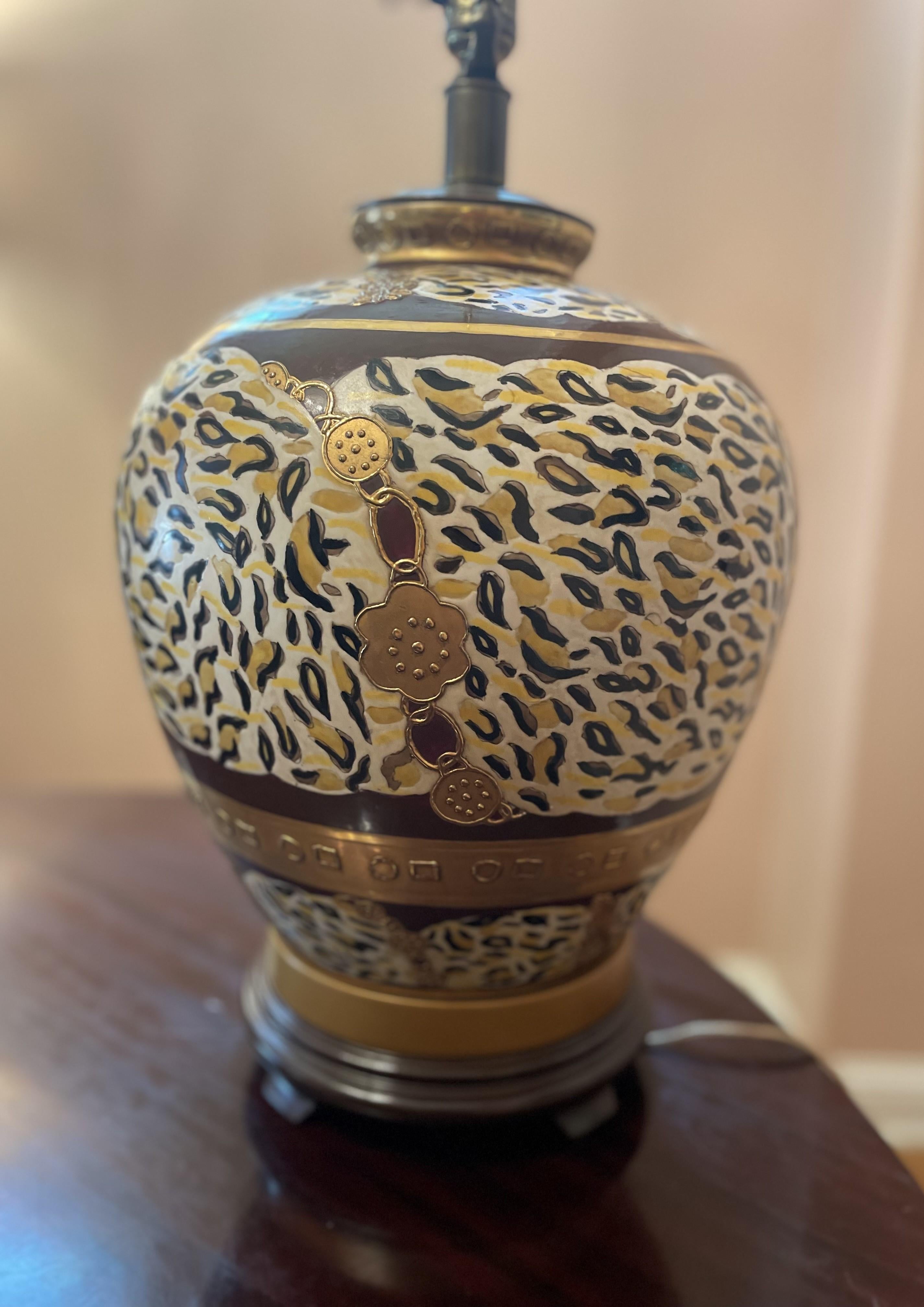 Large Round Hand-Painted Ceramic and Brass Table Lamp with Animal Motif For Sale 1