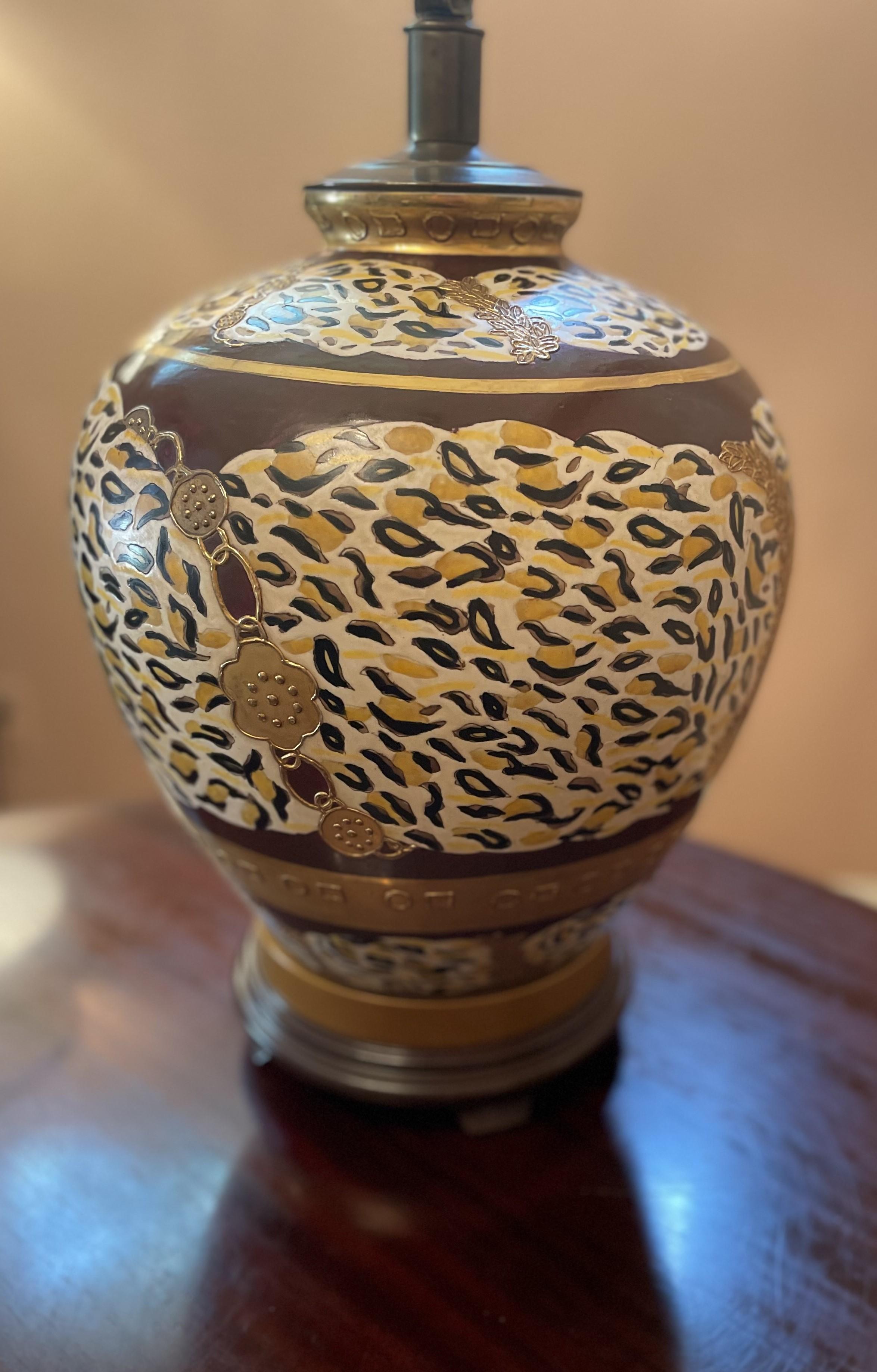 Large Round Hand-Painted Ceramic and Brass Table Lamp with Animal Motif For Sale 3