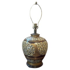 Large Round Hand-Painted Ceramic and Brass Table Lamp with Animal Motif