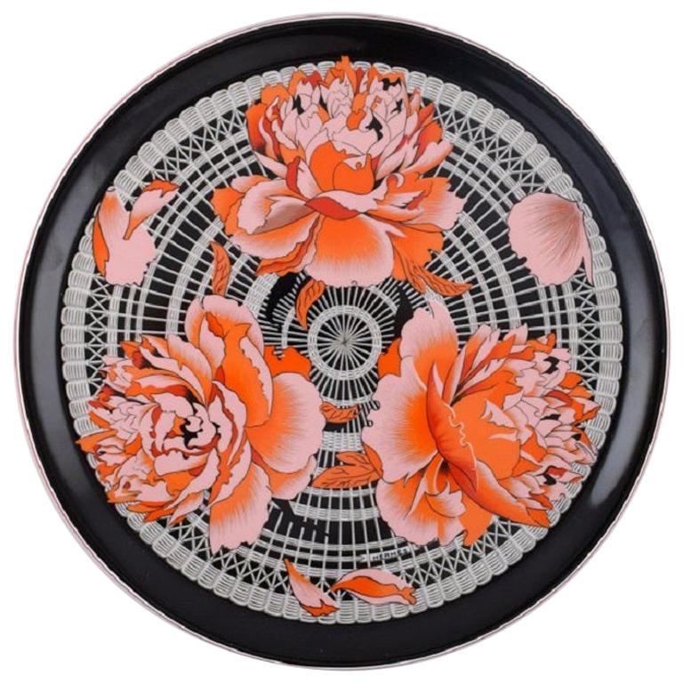Large Round Hermes Porcelain Serving Dish Decorated with Red Flowers, 1980s