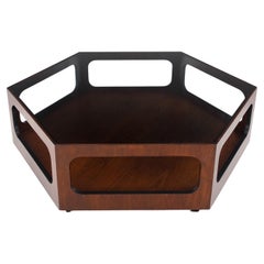 Large Round Hexagon Shape Smoked Glass Top Oiled Walnut Coffee Table Mint!