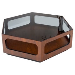 Large Round Hexagon Shape Smoked Glass Top Oiled Walnut Coffee Table Mint!