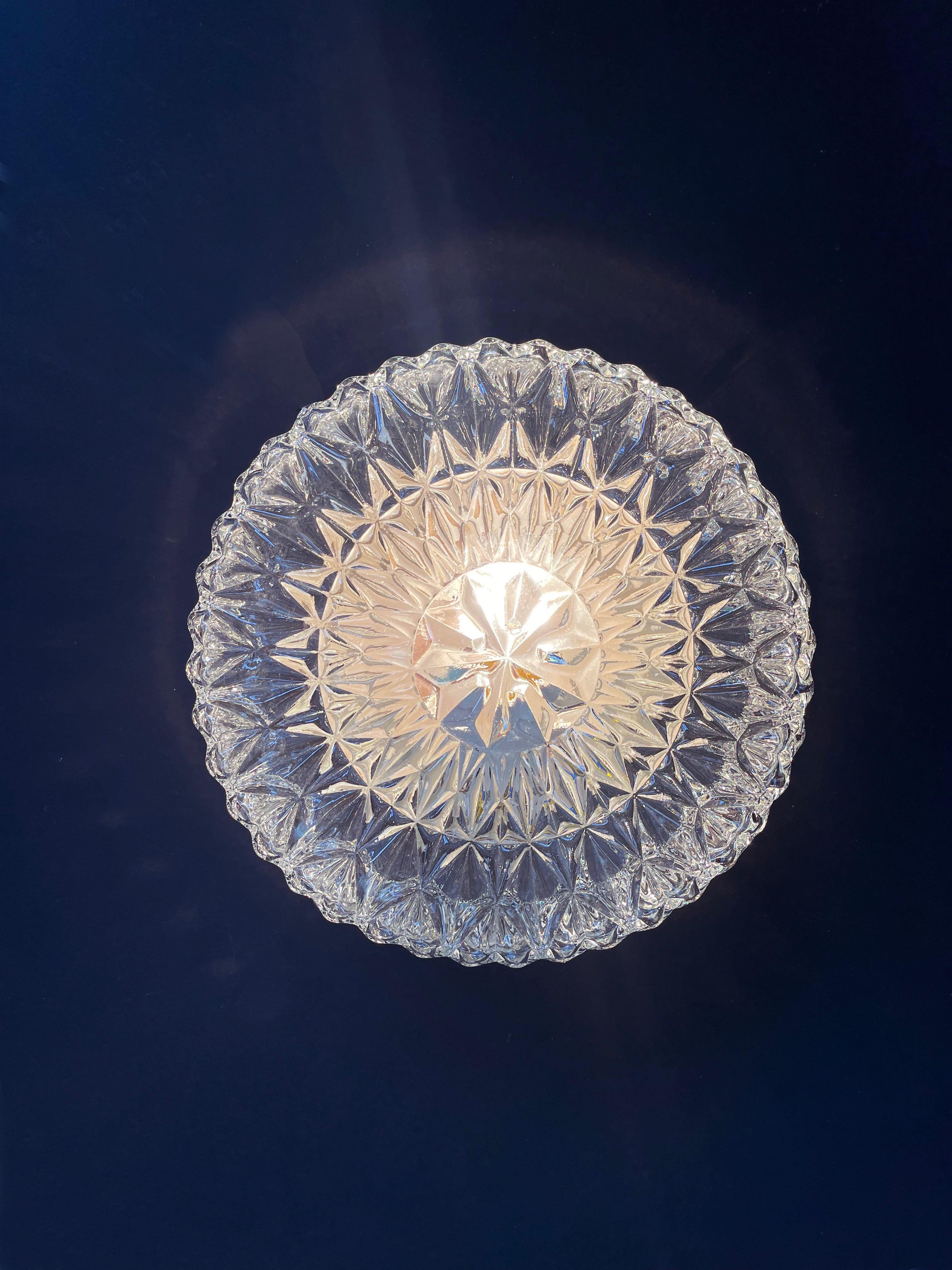 Mid-Century Modern Large Round Ice Crystal Ceiling Light, Flush Mount by Honsel, 1970s, Germany For Sale