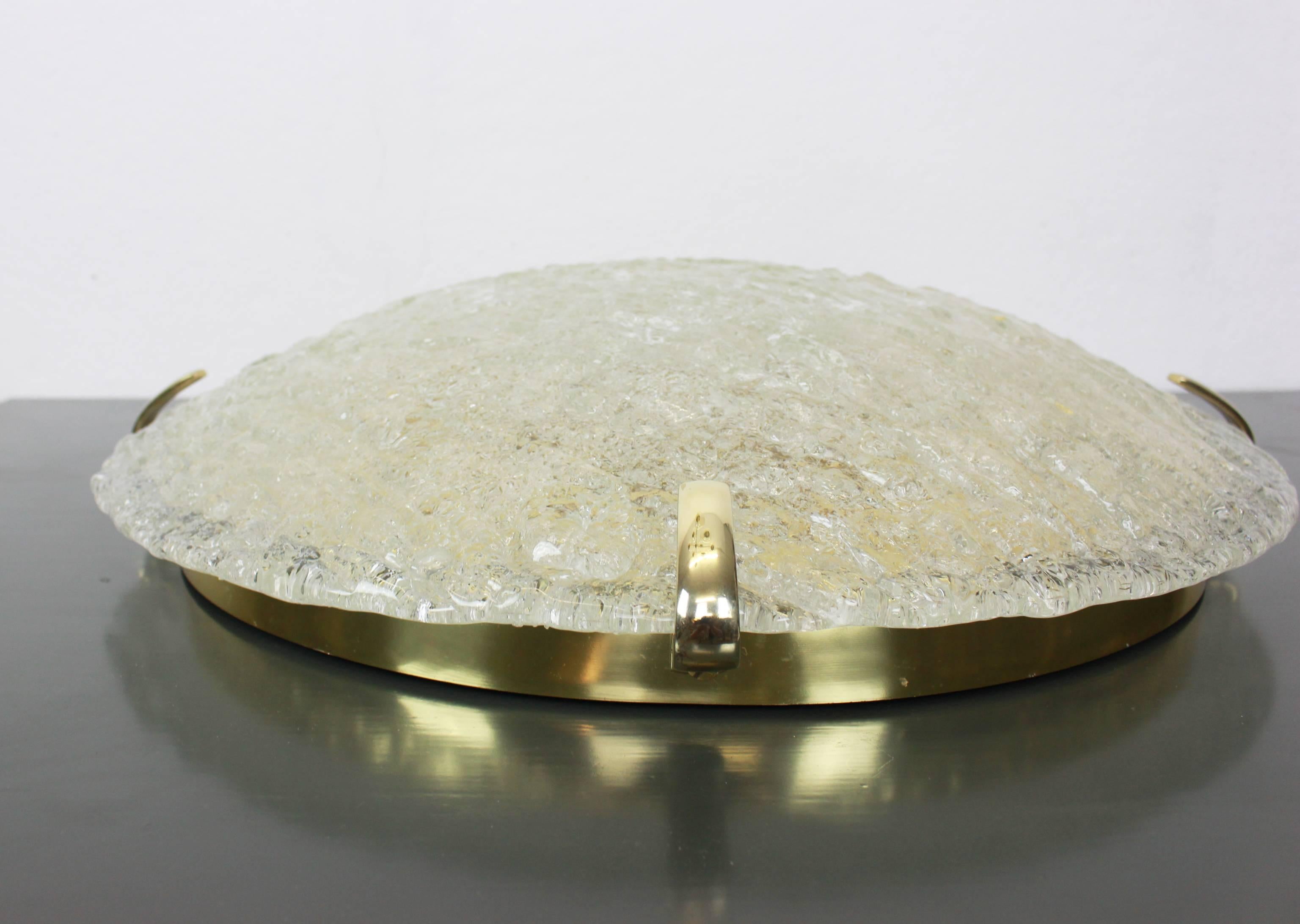 Mid-Century Modern Large Round Ice Glass Flushmount by Hillebrand, Germany, 1970s