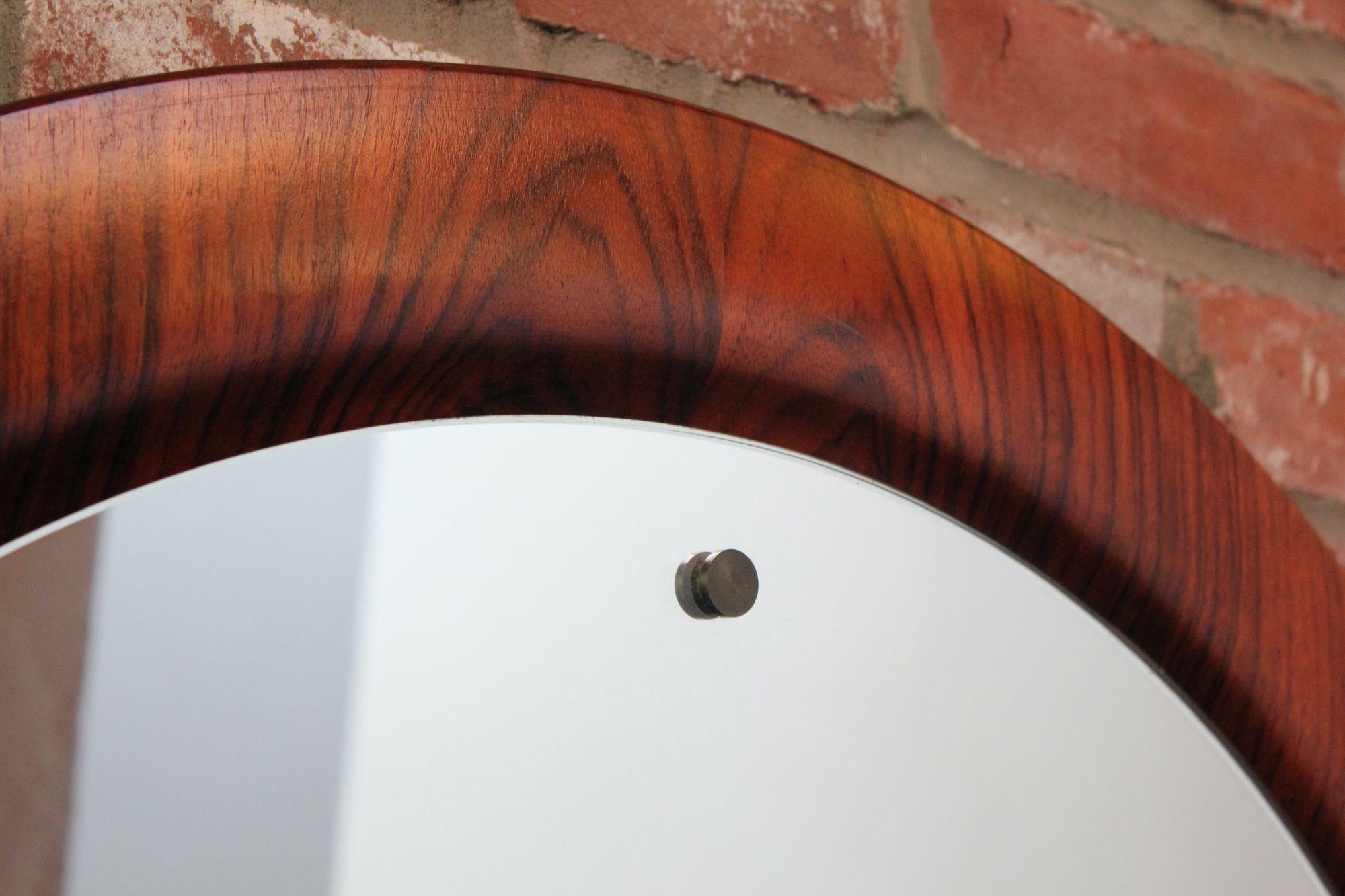 Large Round Italian Modernist Rosewood and Chrome Mirror by Mac Arredamenti For Sale 1