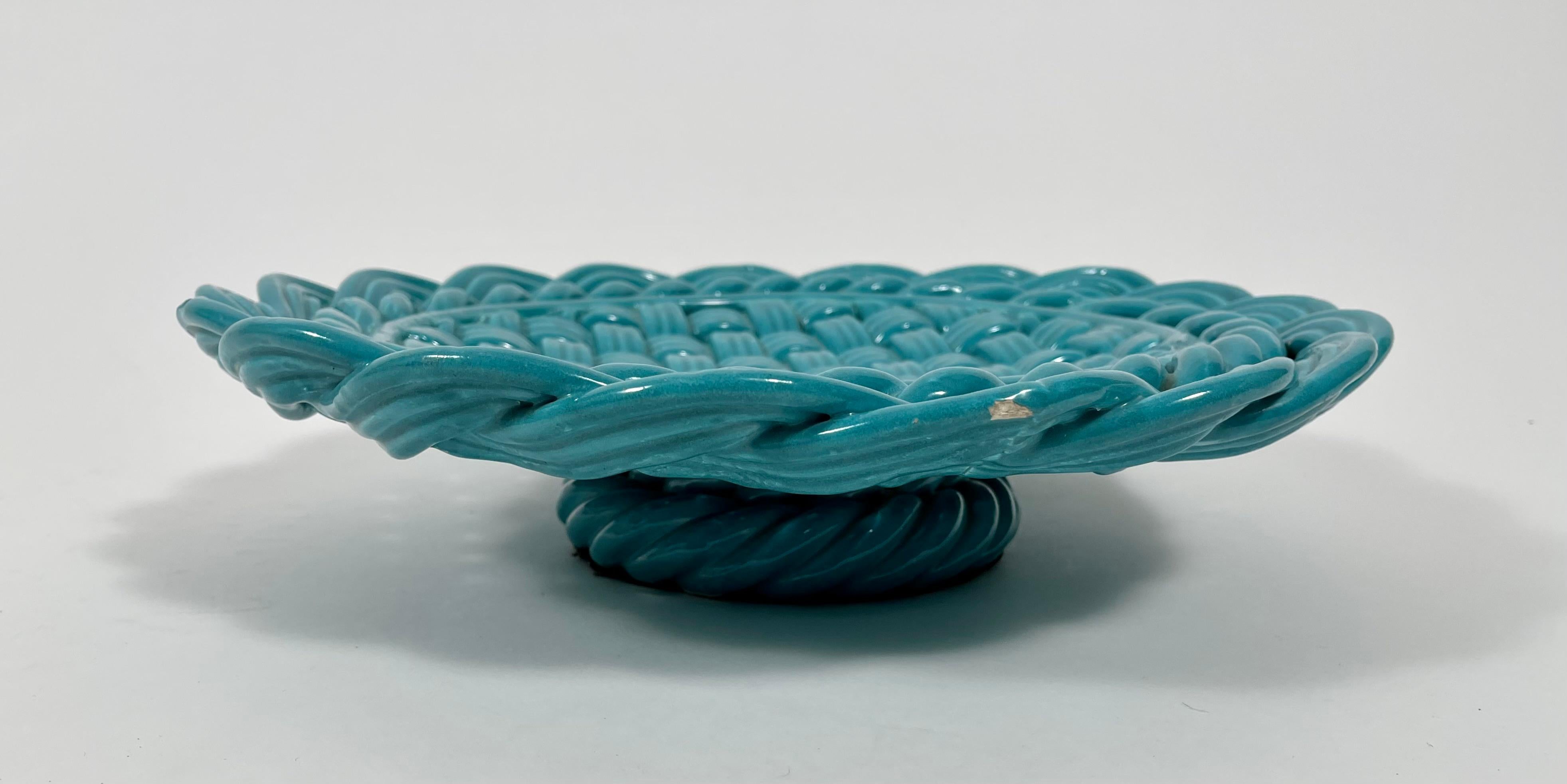 Glazed Large Round Italian Turquoise Pottery Basketweave Centerpiece
