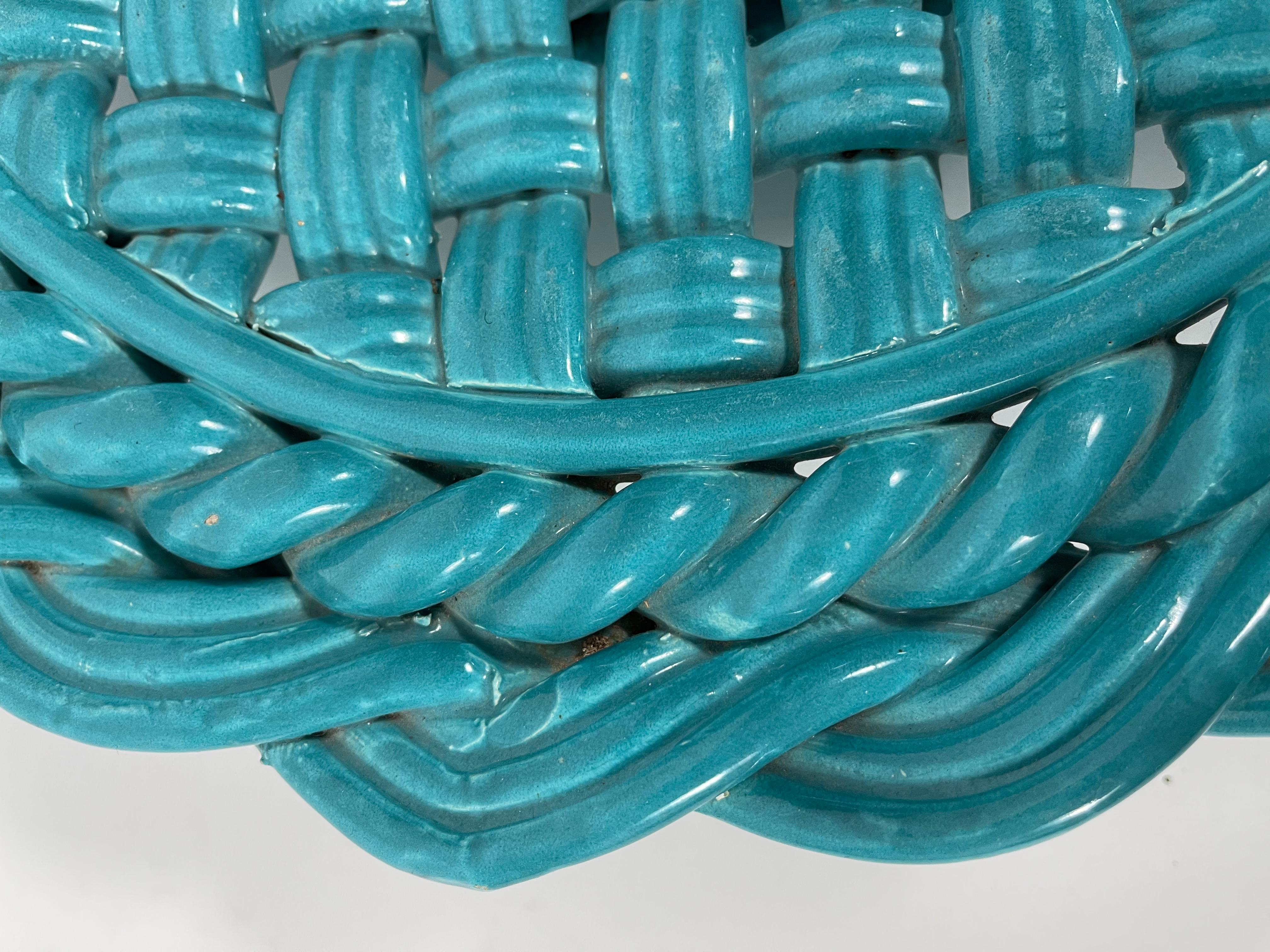 Large Round Italian Turquoise Pottery Basketweave Centerpiece In Good Condition In Essex, MA