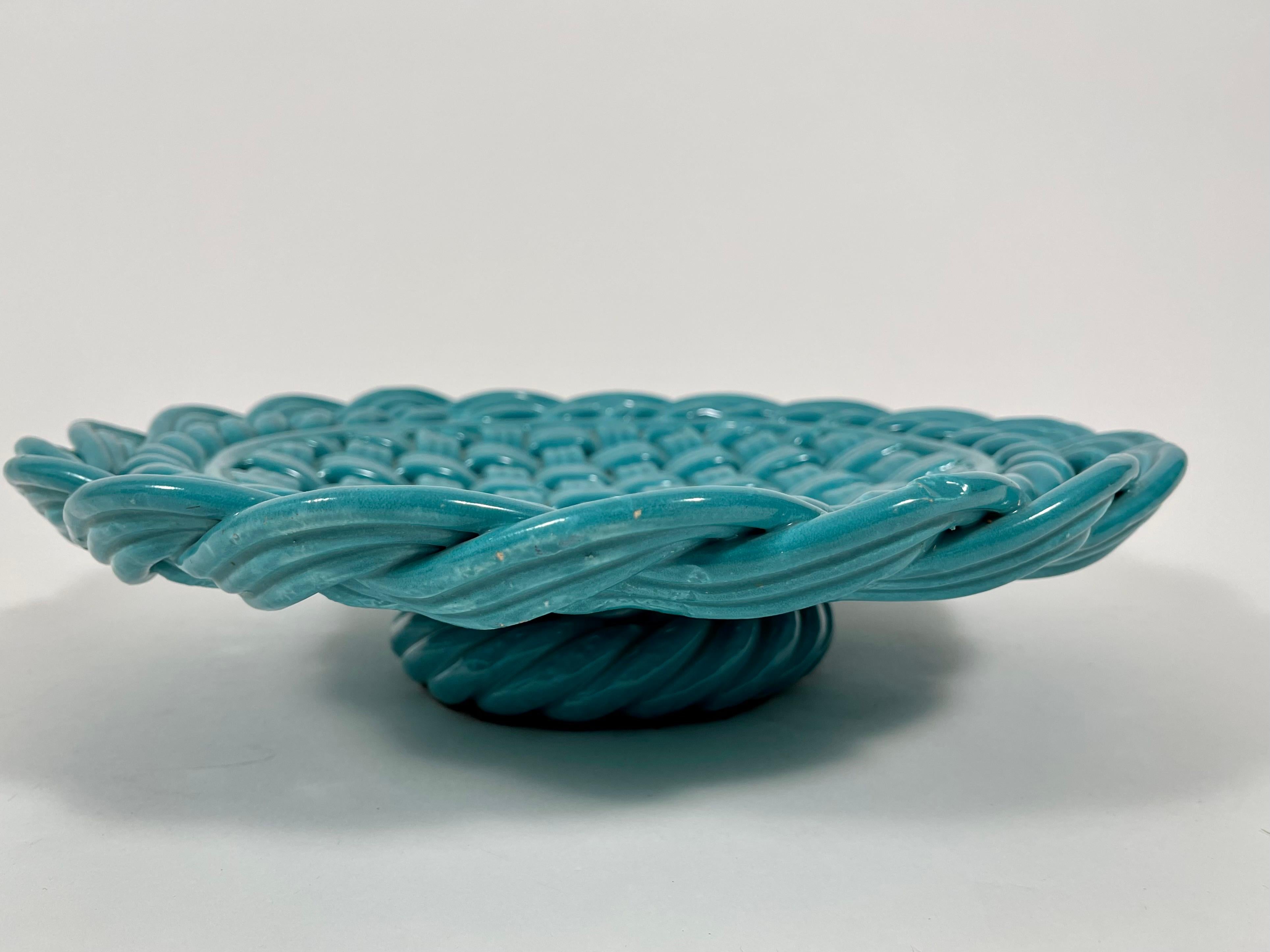 Earthenware Large Round Italian Turquoise Pottery Basketweave Centerpiece