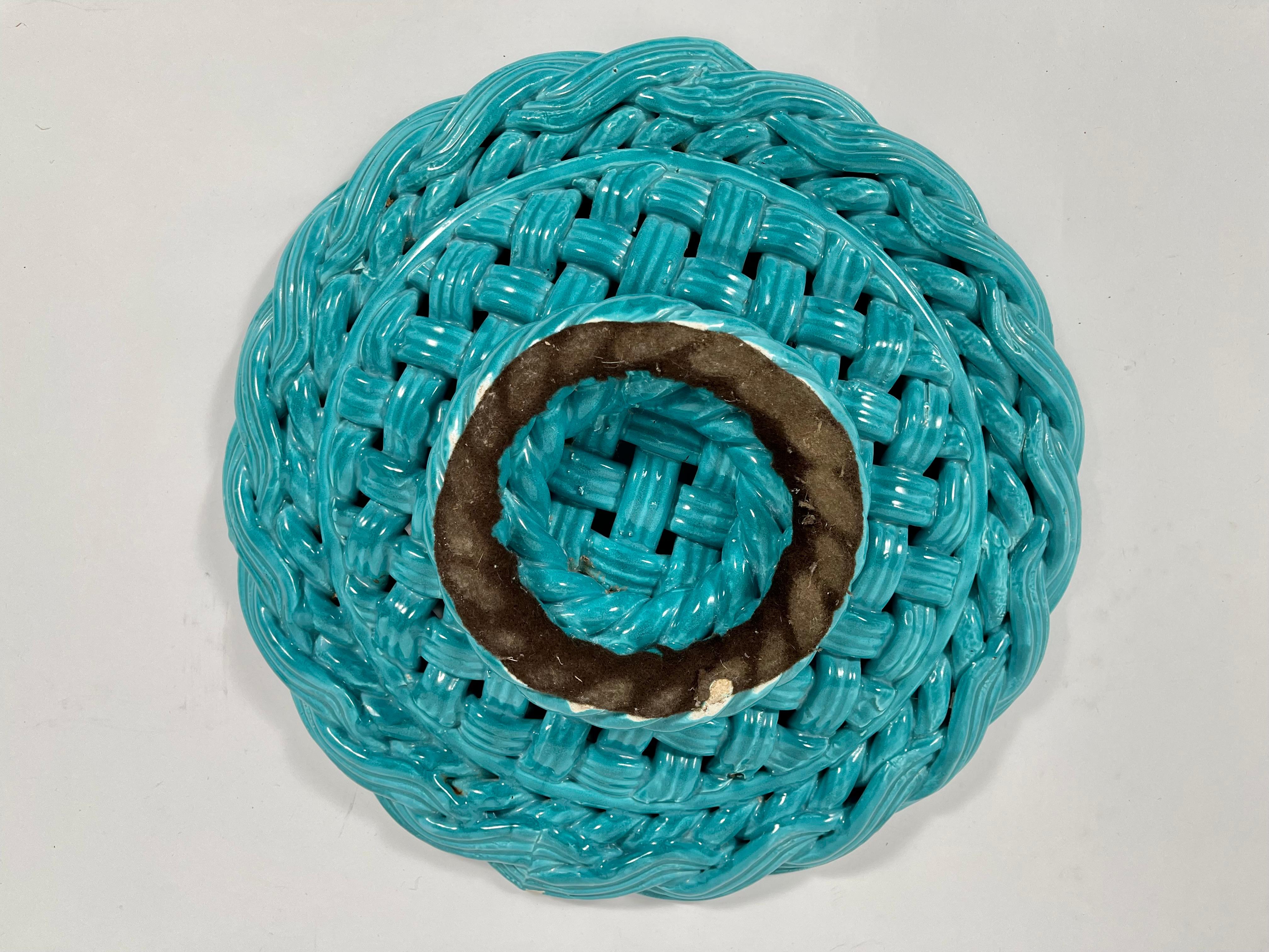 Large Round Italian Turquoise Pottery Basketweave Centerpiece 1