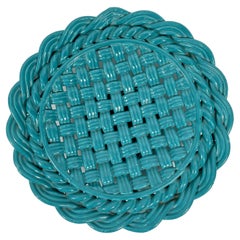 Large Round Italian Turquoise Pottery Basketweave Centerpiece