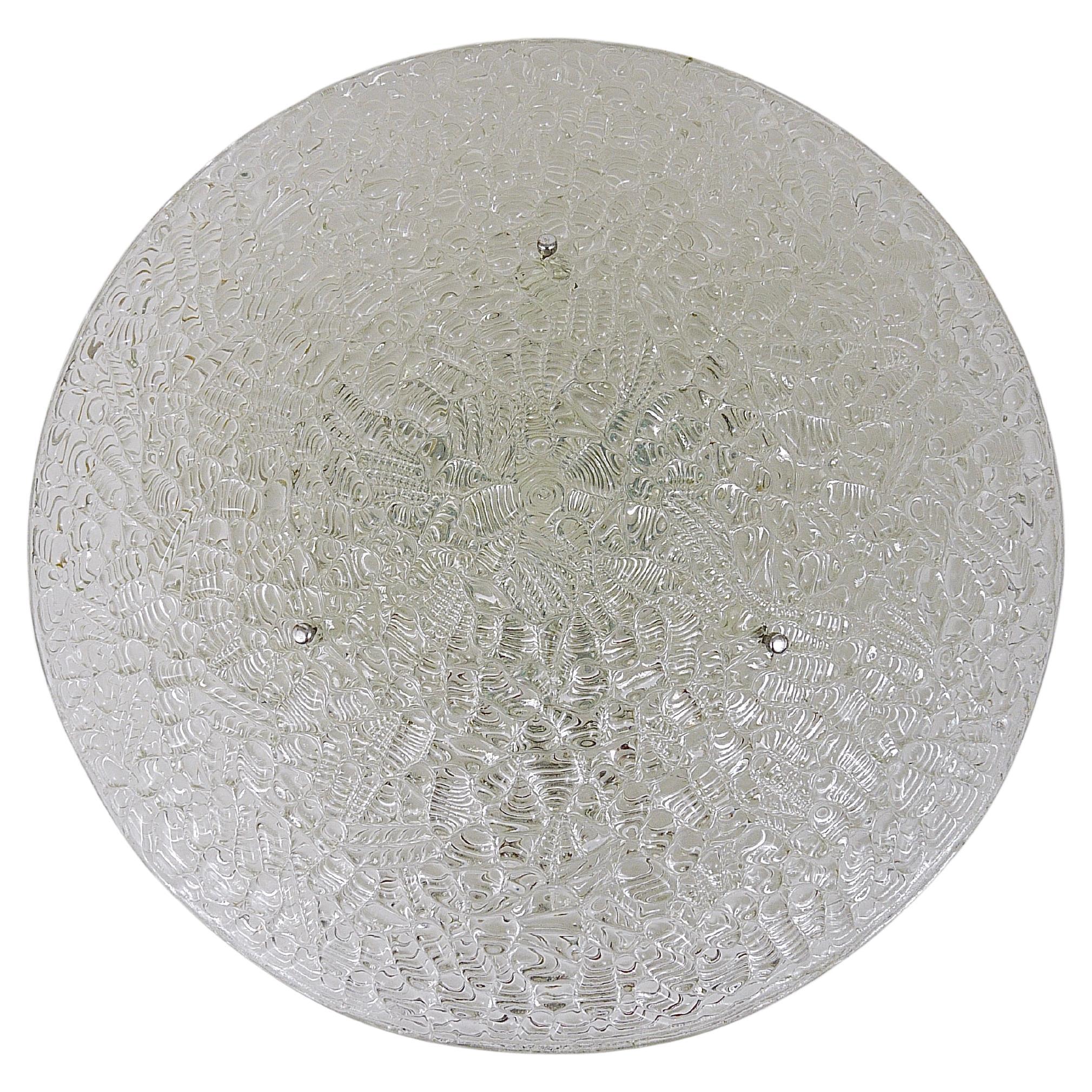 Large Round J. T. Kalmar Mid-Century Textured Glass Flush Mount,  Austria, 1960s
