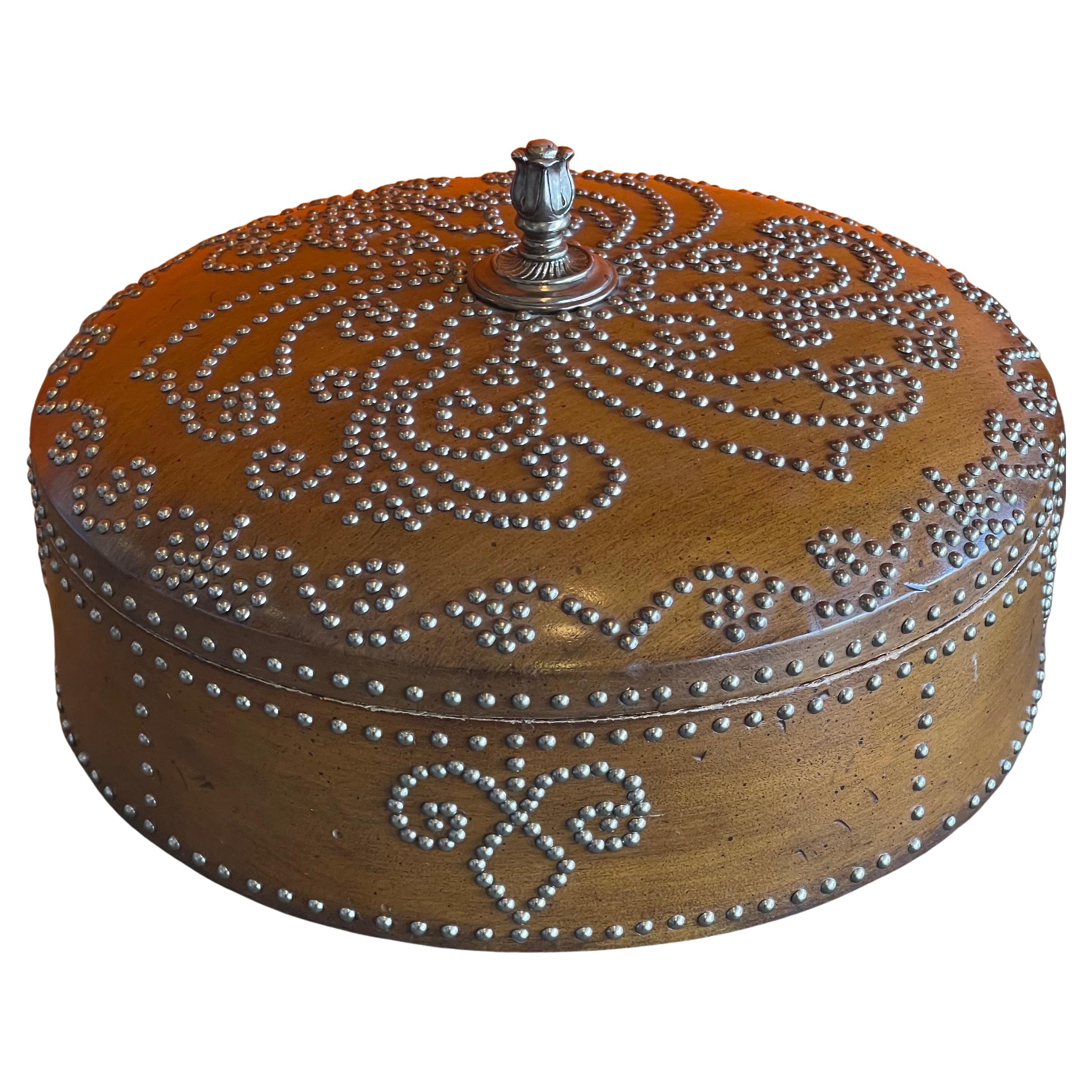 Large Round Lidded Wood Box with Metal Studs by Maitland Smith For Sale 5