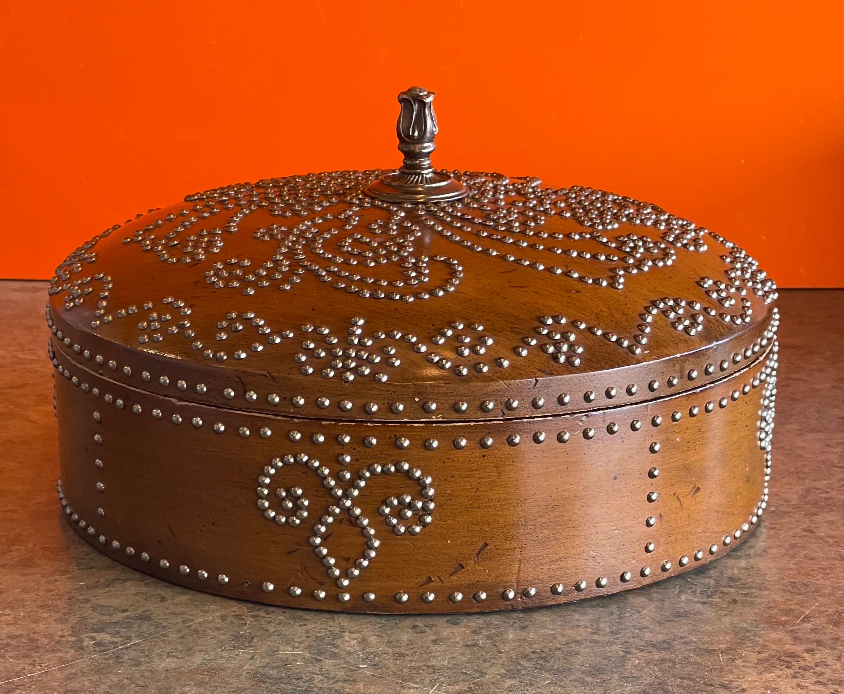 Large Round Lidded Wood Box with Metal Studs by Maitland Smith In Good Condition For Sale In San Diego, CA