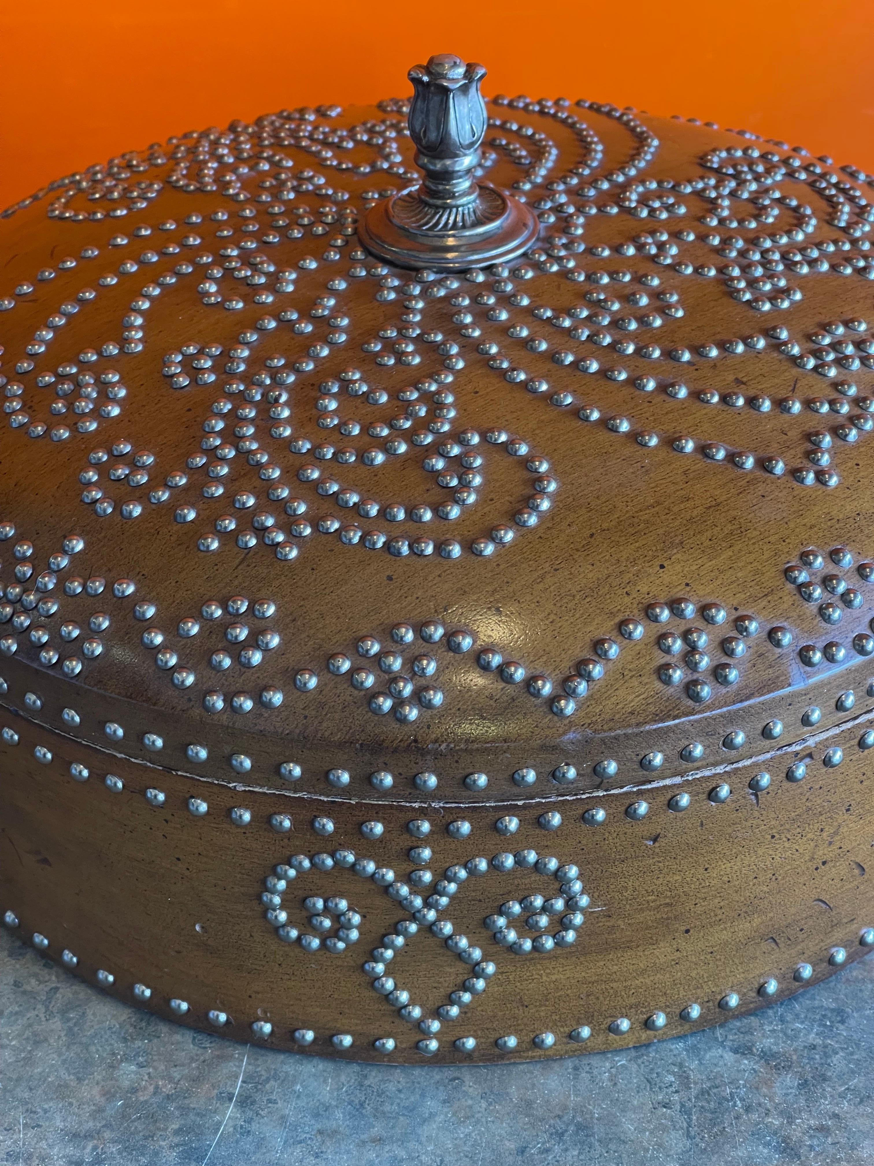 Large Round Lidded Wood Box with Metal Studs by Maitland Smith For Sale 2