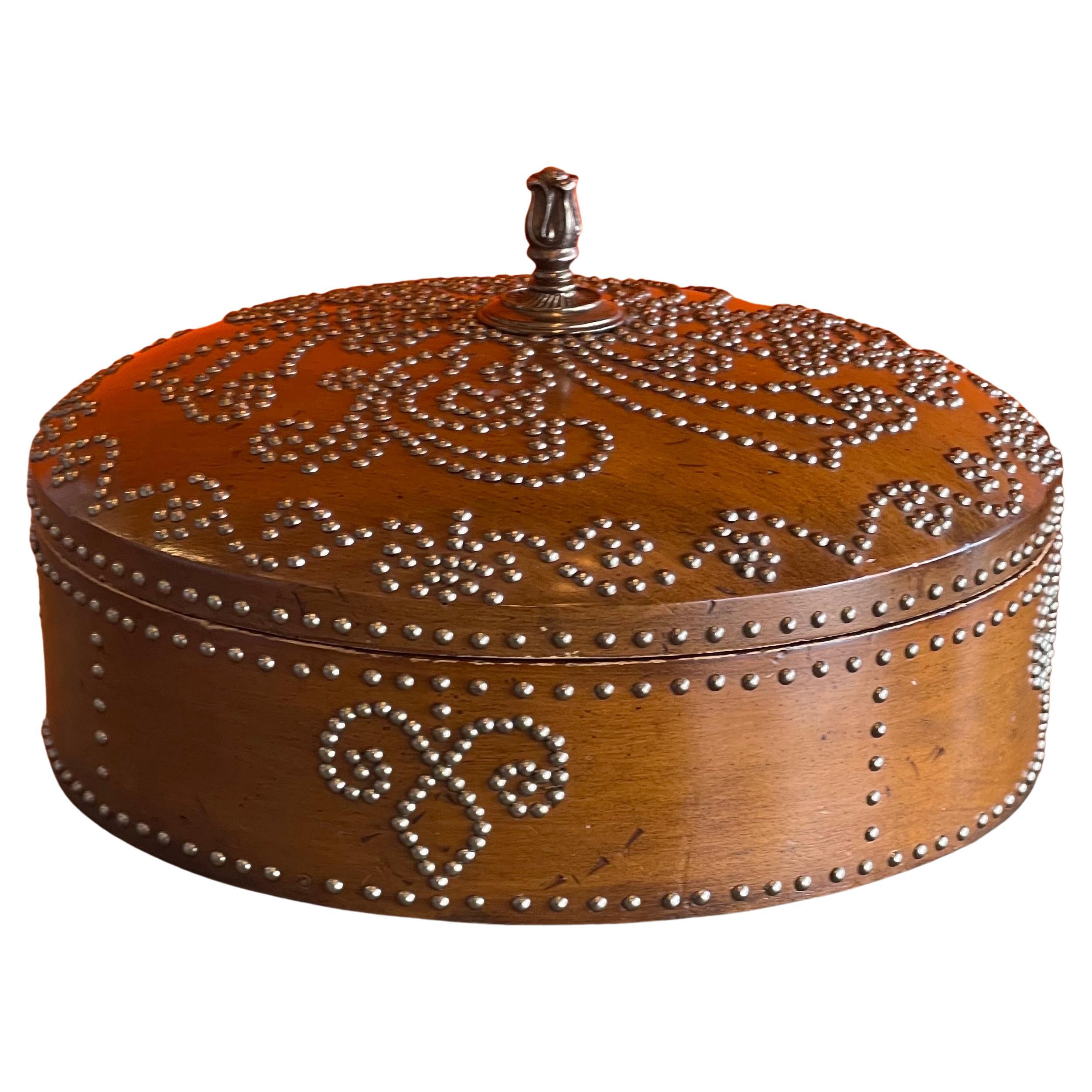 Large Round Lidded Wood Box with Metal Studs by Maitland Smith For Sale