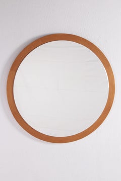 Large Round Light Wooden Wall Mirror, 1960s