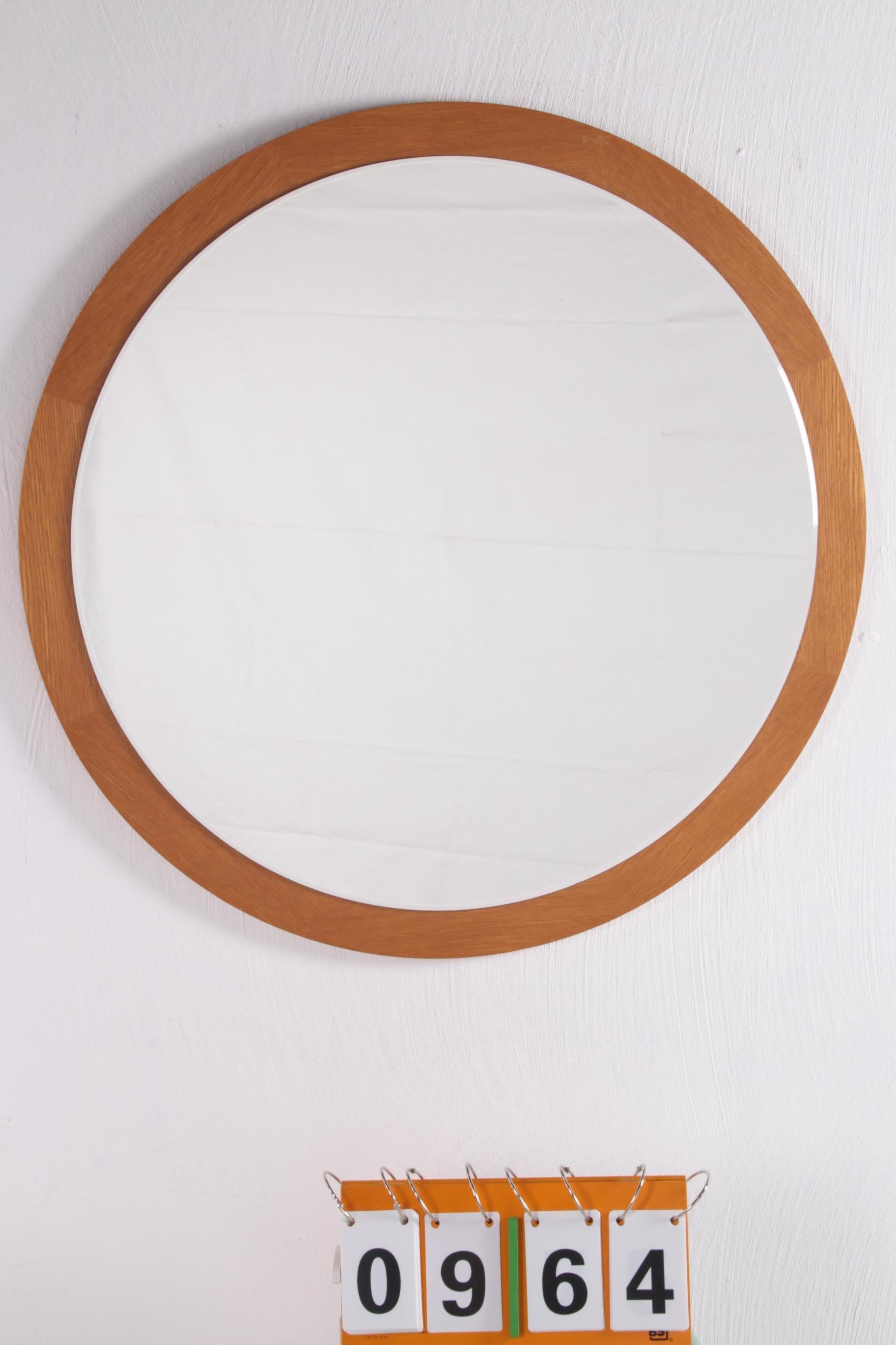 Large Round Light Wooden Wall Mirror, 1960s 1