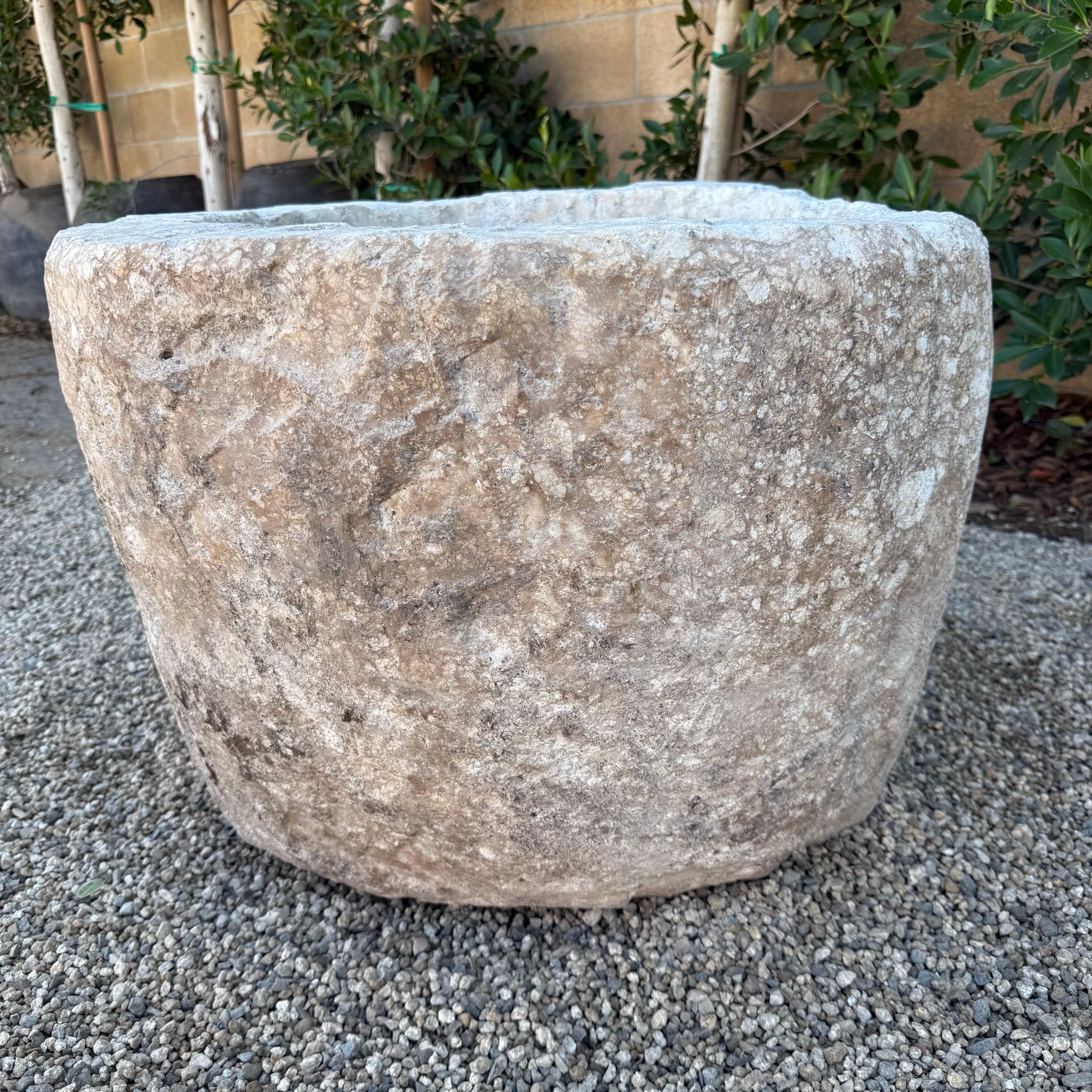 Large Round Limestone Trough In Good Condition For Sale In Old Town Orange, CA