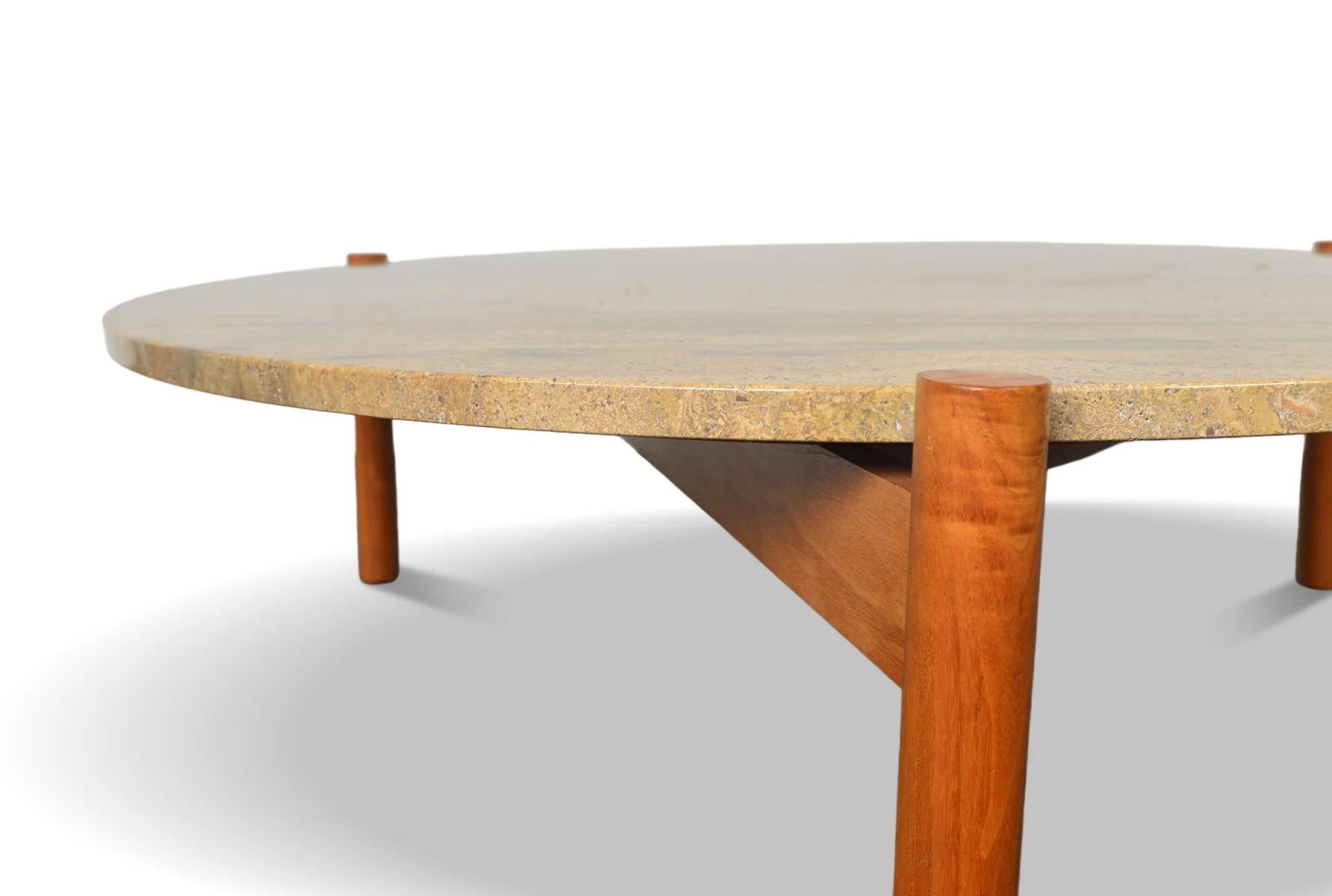 Mid-Century Modern Large Round Marble + Teak Coffee Table For Sale