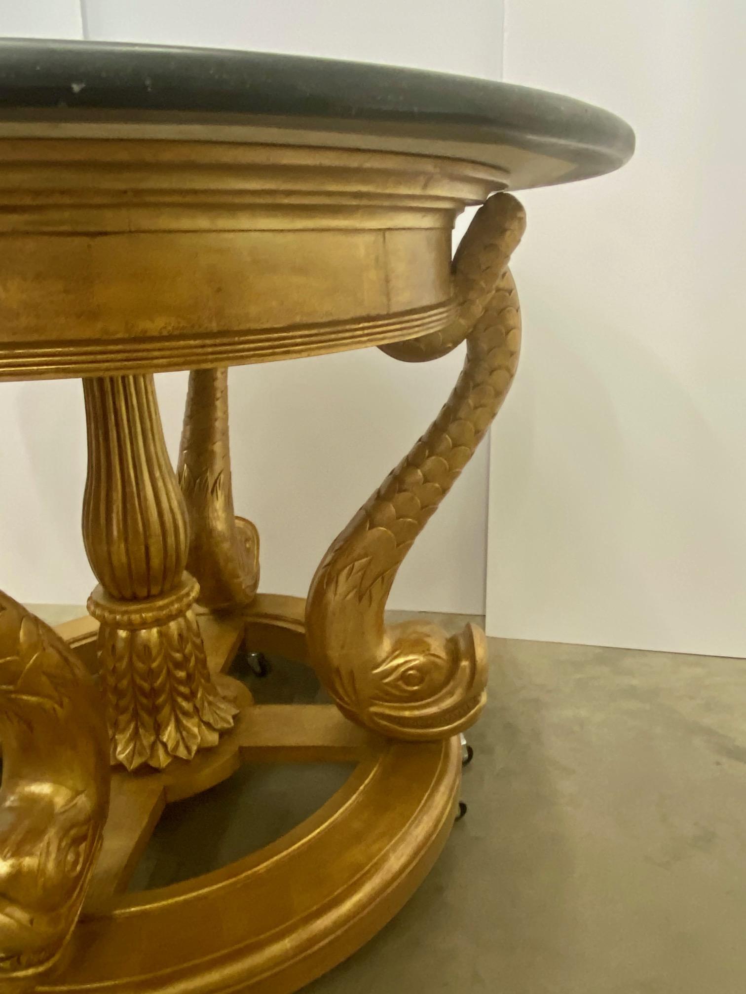 Large Round Marble Top Center with Gilt Wood Dolphin Base 4