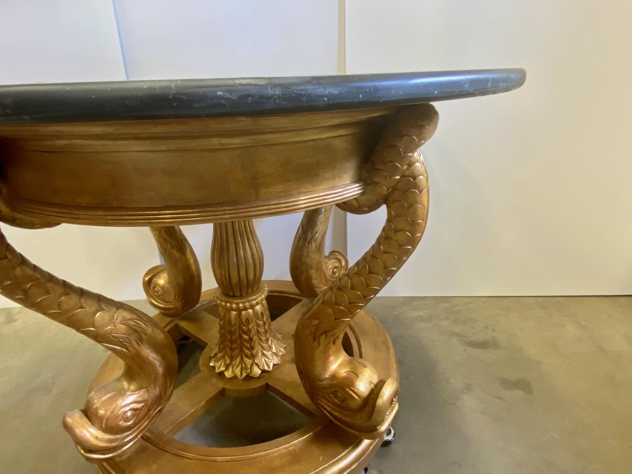 Large Round Marble Top Center with Gilt Wood Dolphin Base 5