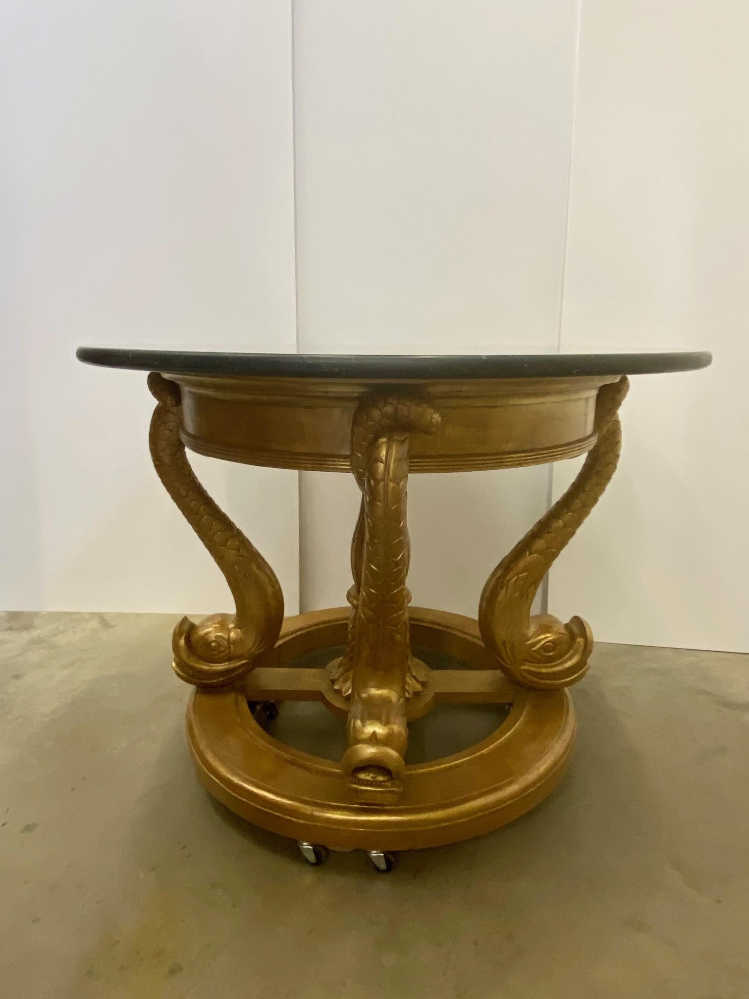 Hollywood Regency Large Round Marble Top Center with Gilt Wood Dolphin Base