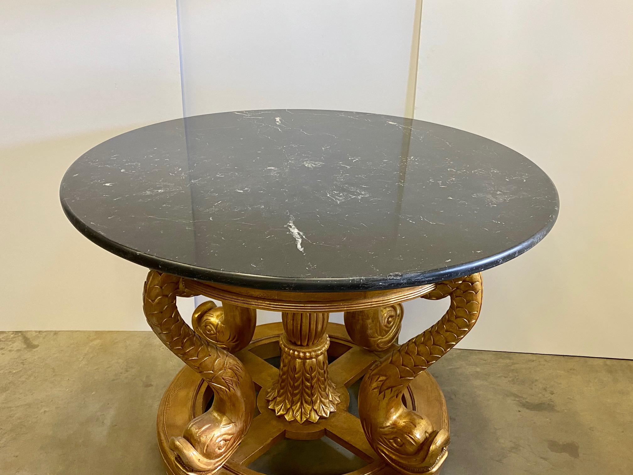 European Large Round Marble Top Center with Gilt Wood Dolphin Base