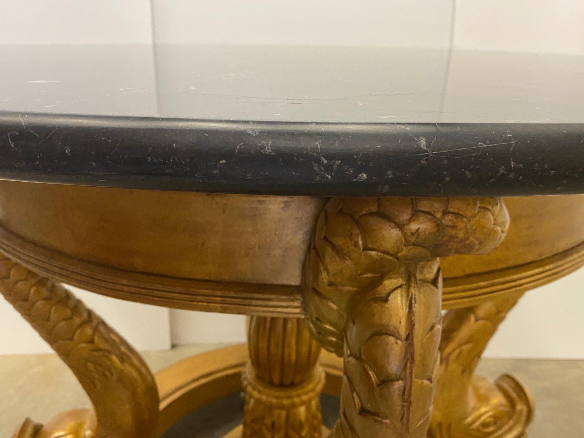 Late 20th Century Large Round Marble Top Center with Gilt Wood Dolphin Base