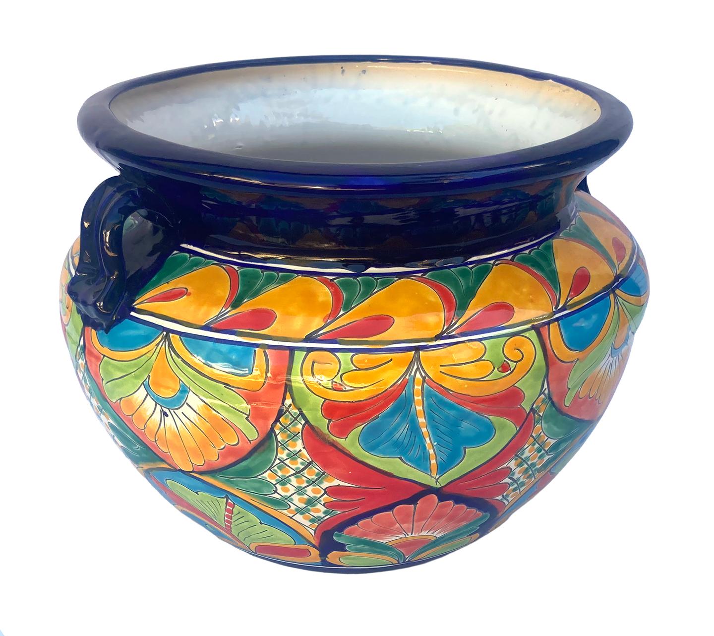 Mexican Large Round Michoacano Planters with Handles on Both Sides; a pair For Sale