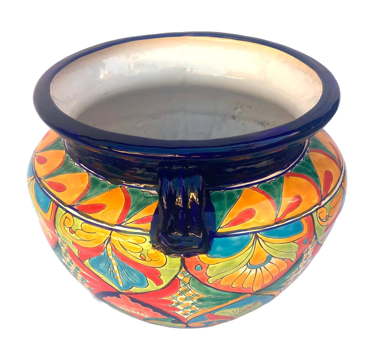 Hand-Crafted Large Round Michoacano Planters with Handles on Both Sides; a pair For Sale