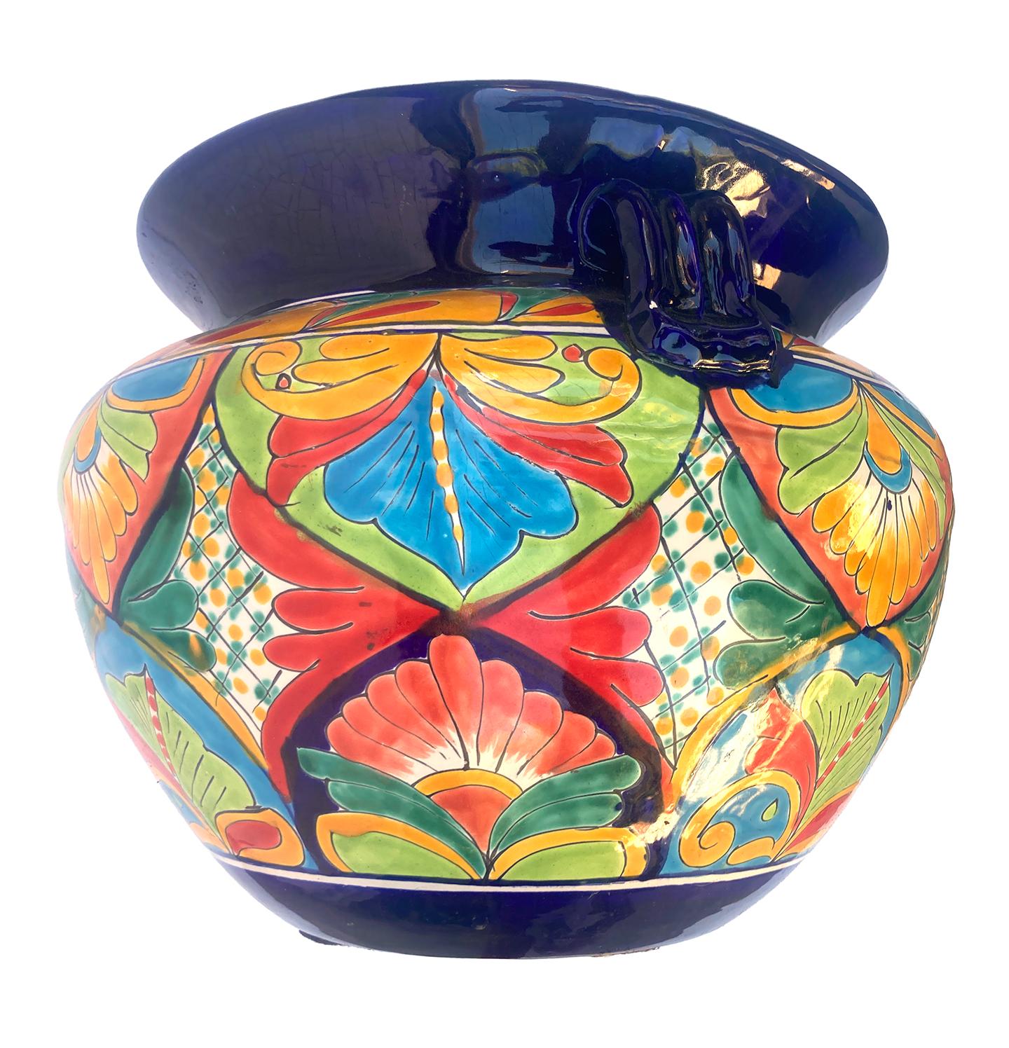 Large Round Michoacano Planters with Handles on Both Sides; a pair In Excellent Condition For Sale In Malibu, CA