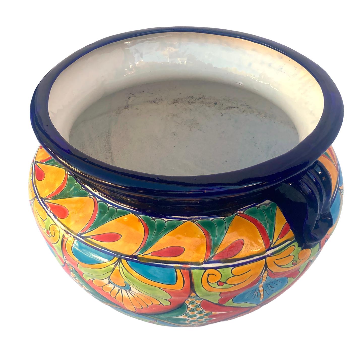 20th Century Large Round Michoacano Planters with Handles on Both Sides; a pair For Sale