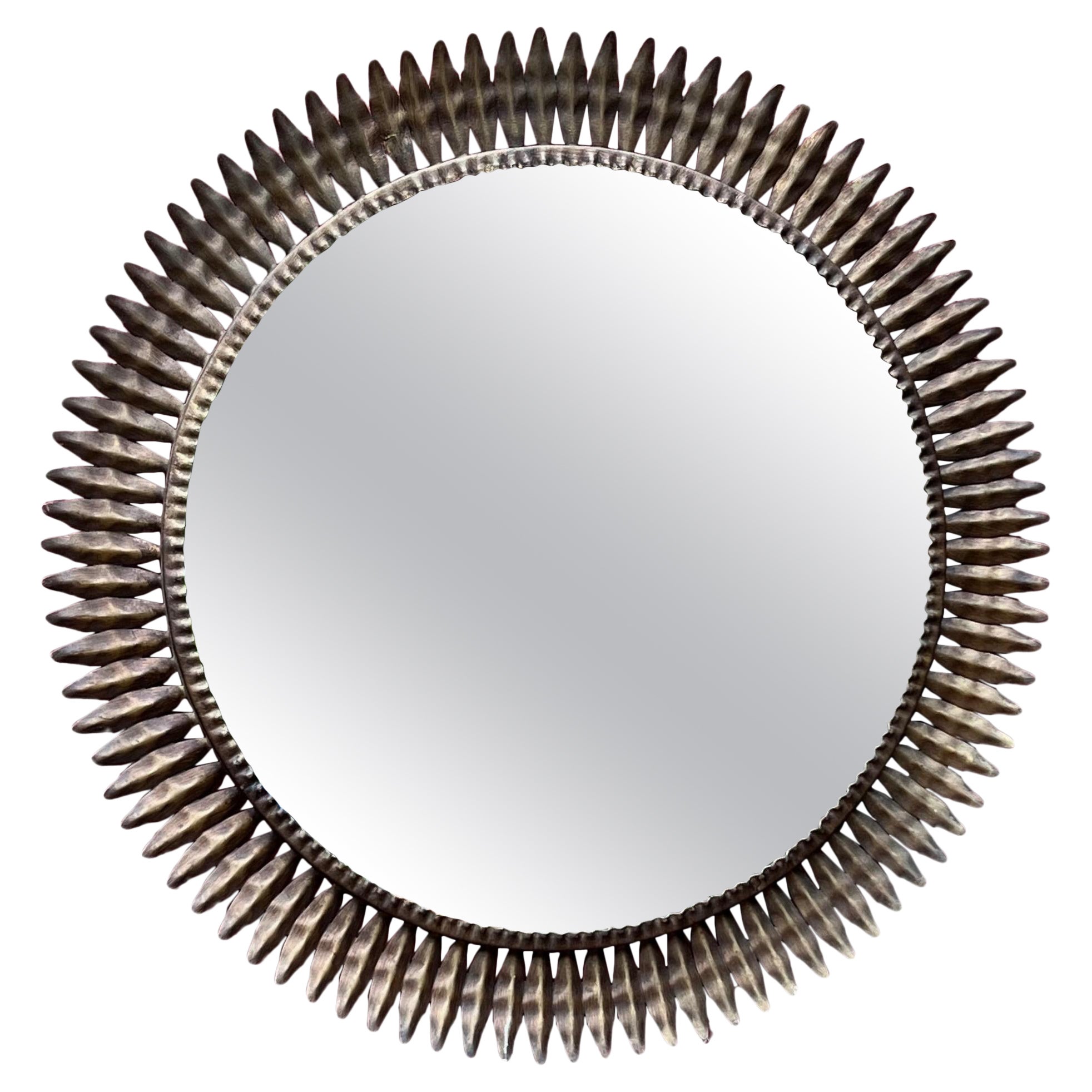 Large Round Mid-Century Gilt Metal Sunburst Mirror