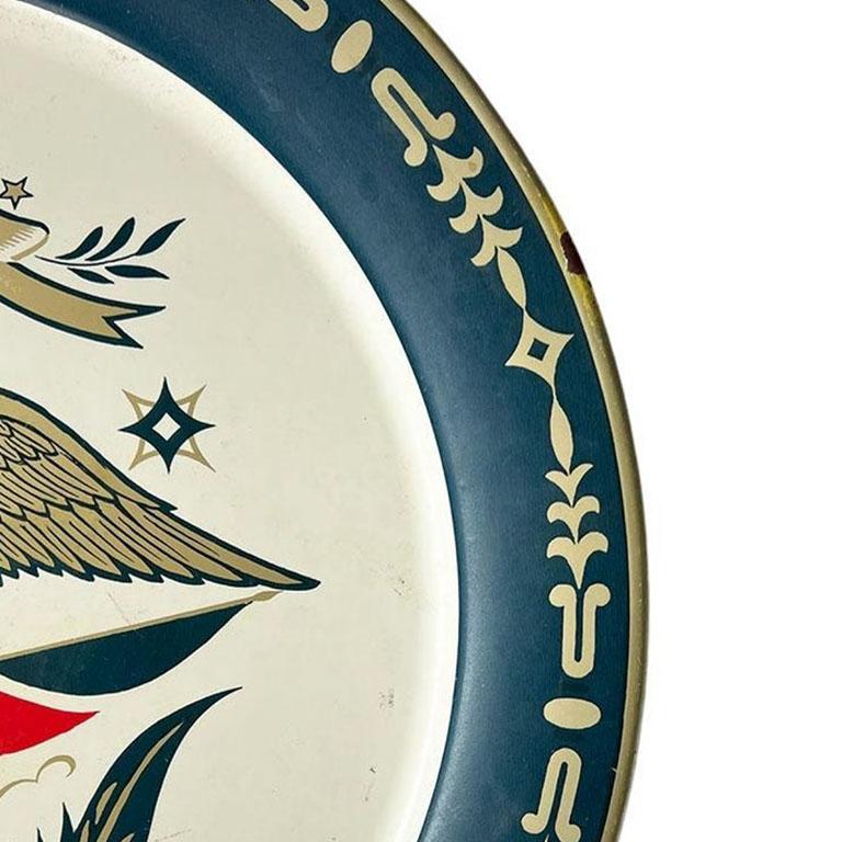 Federal Large Round Mid Century Metal Eagle Motif Serving Tray in Red White and Blue For Sale