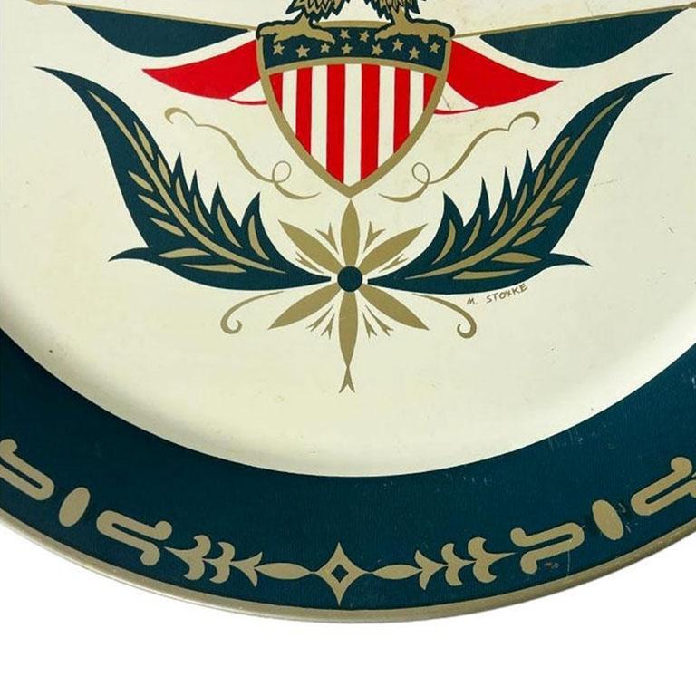 American Large Round Mid Century Metal Eagle Motif Serving Tray in Red White and Blue For Sale