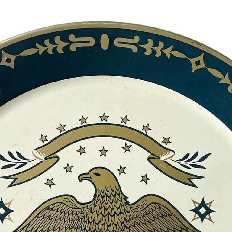 Large Round Mid Century Metal Eagle Motif Serving Tray in Red White and Blue In Good Condition For Sale In Oklahoma City, OK