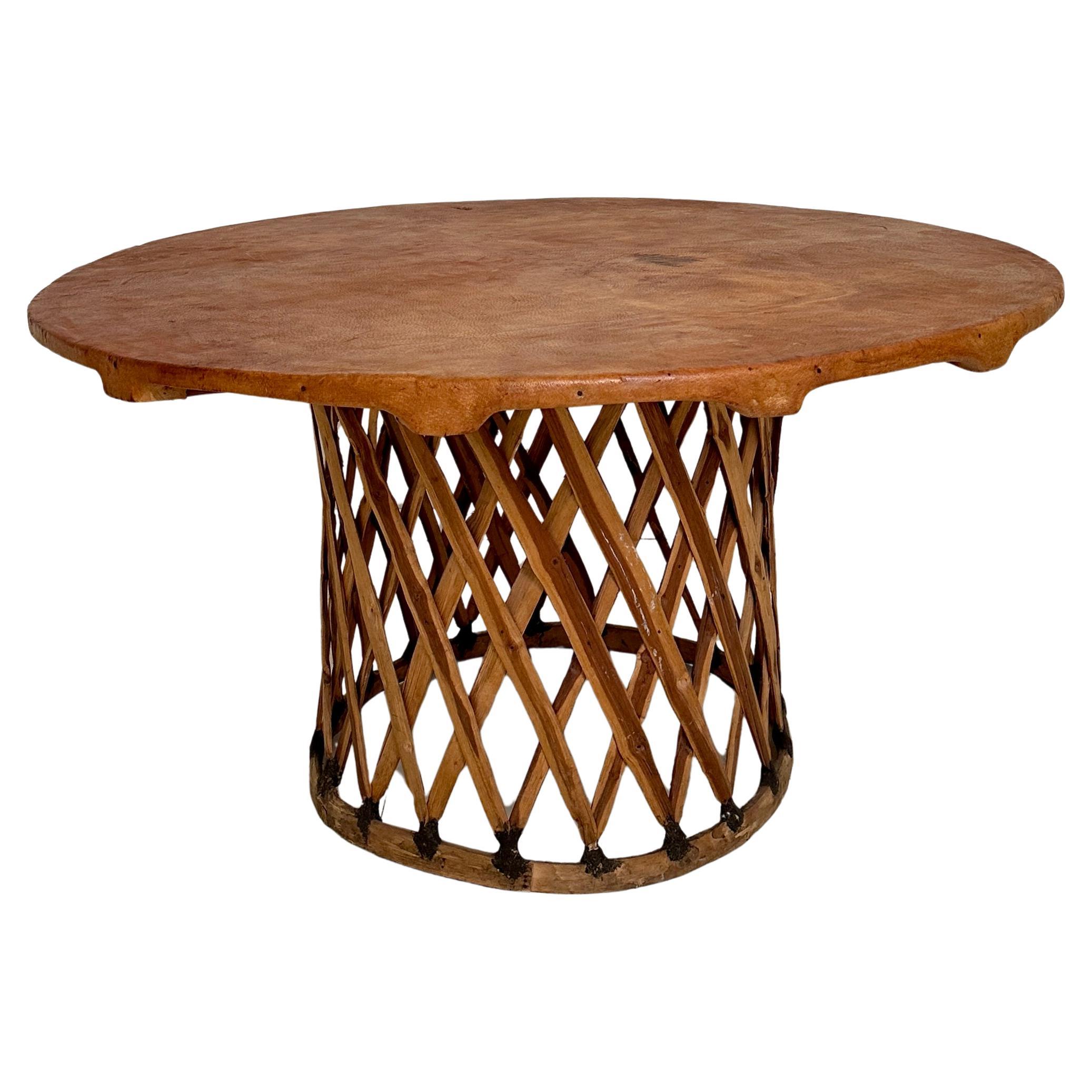 Large Round Mid Century Mexican Equipales Leather Dining Table, around 1970