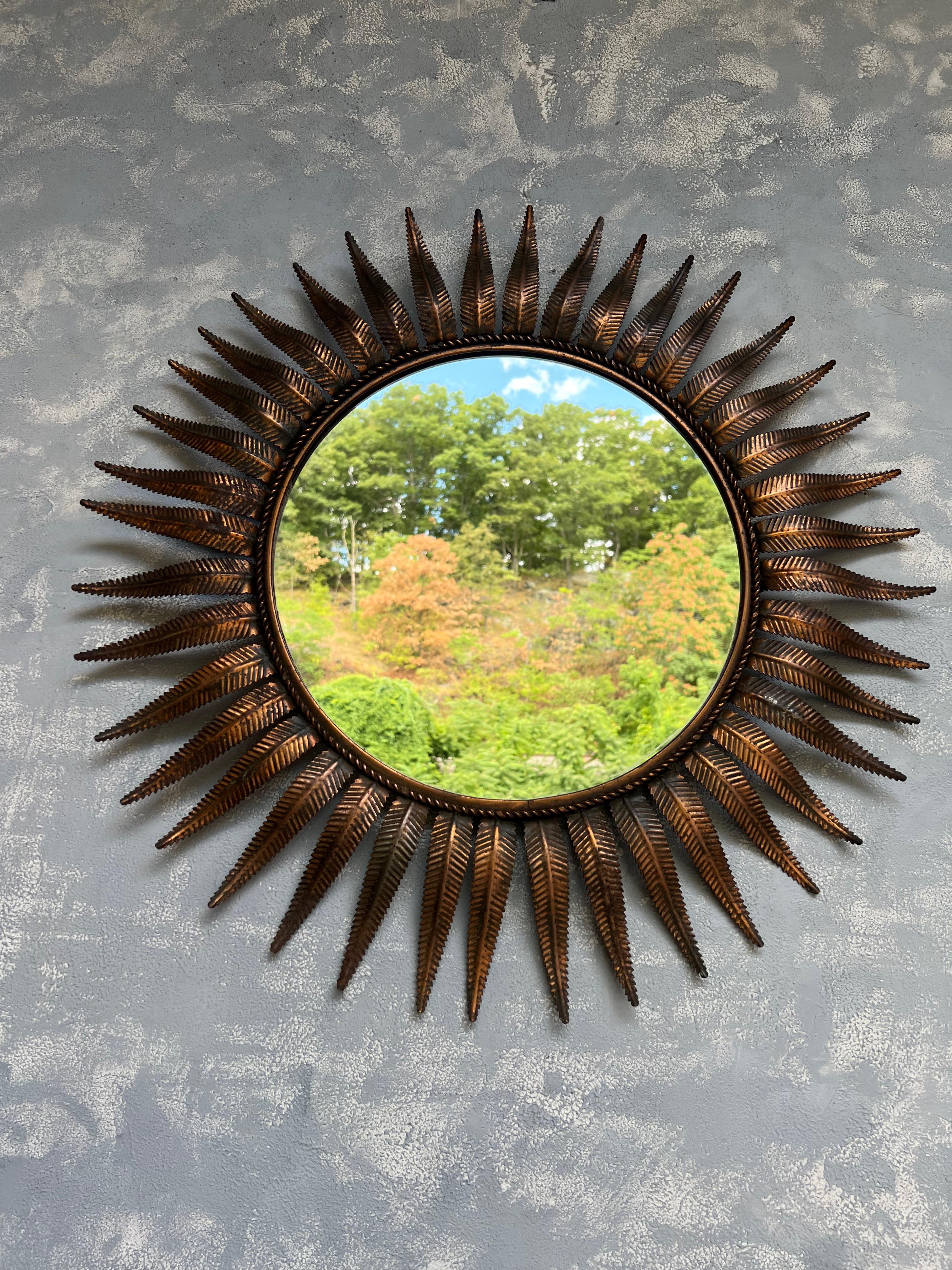 Large Spanish Round Mid Century Modern Copper Plated Sunburst Mirror  For Sale 1