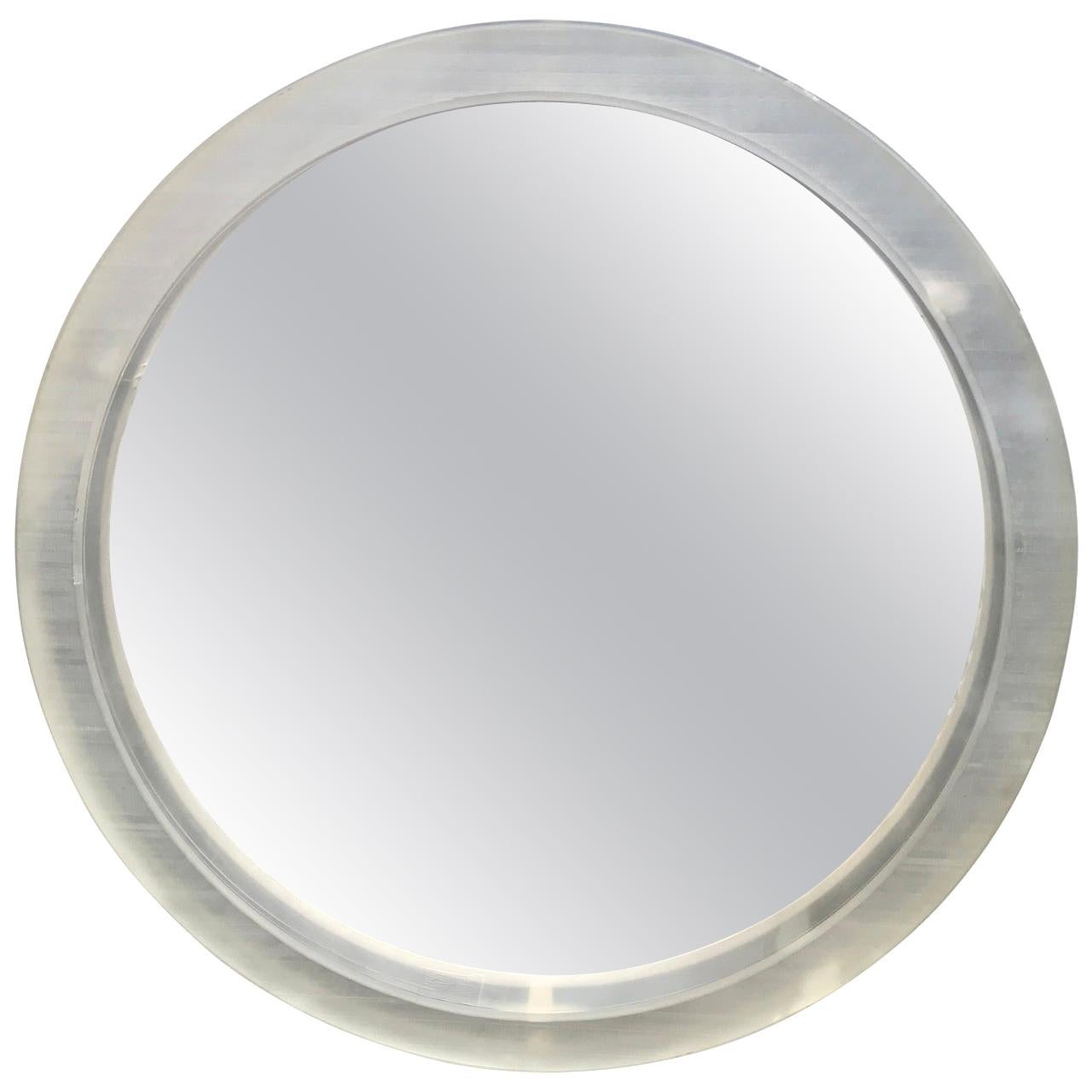 Large Round Mid-Century Modern Thick Lucite Wall Mirror For Sale