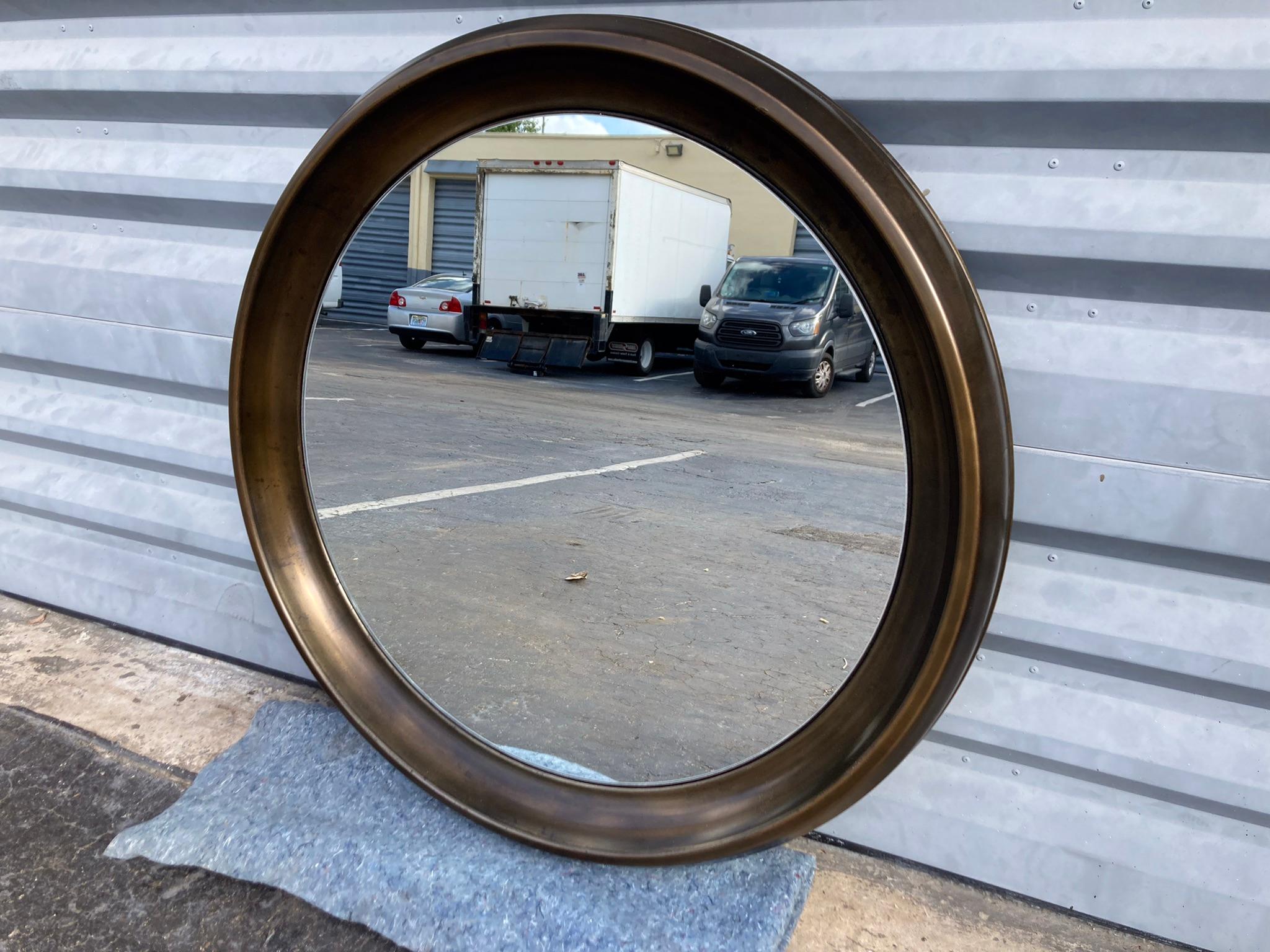 Large Round Mid-Century Modern Wall Mirror, Brass, 1970s In Good Condition For Sale In Miami, FL