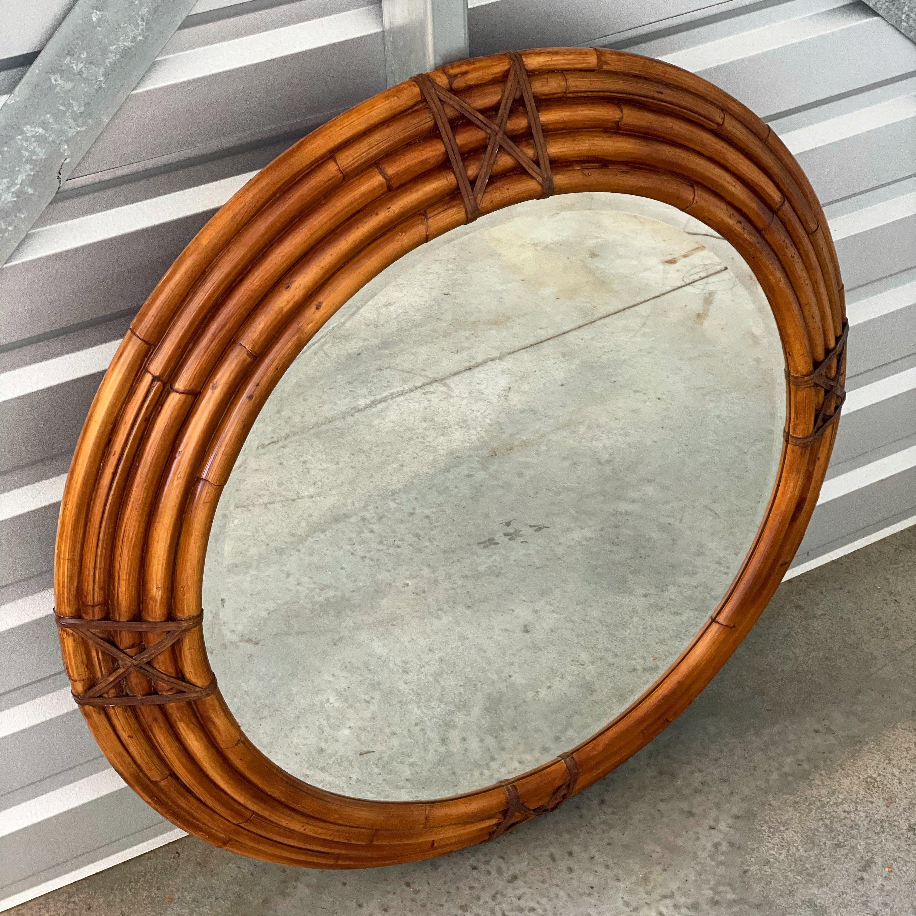 Bohemian Large Round Midcentury Mirror by Milling Road for Baker in Rattan and Leather