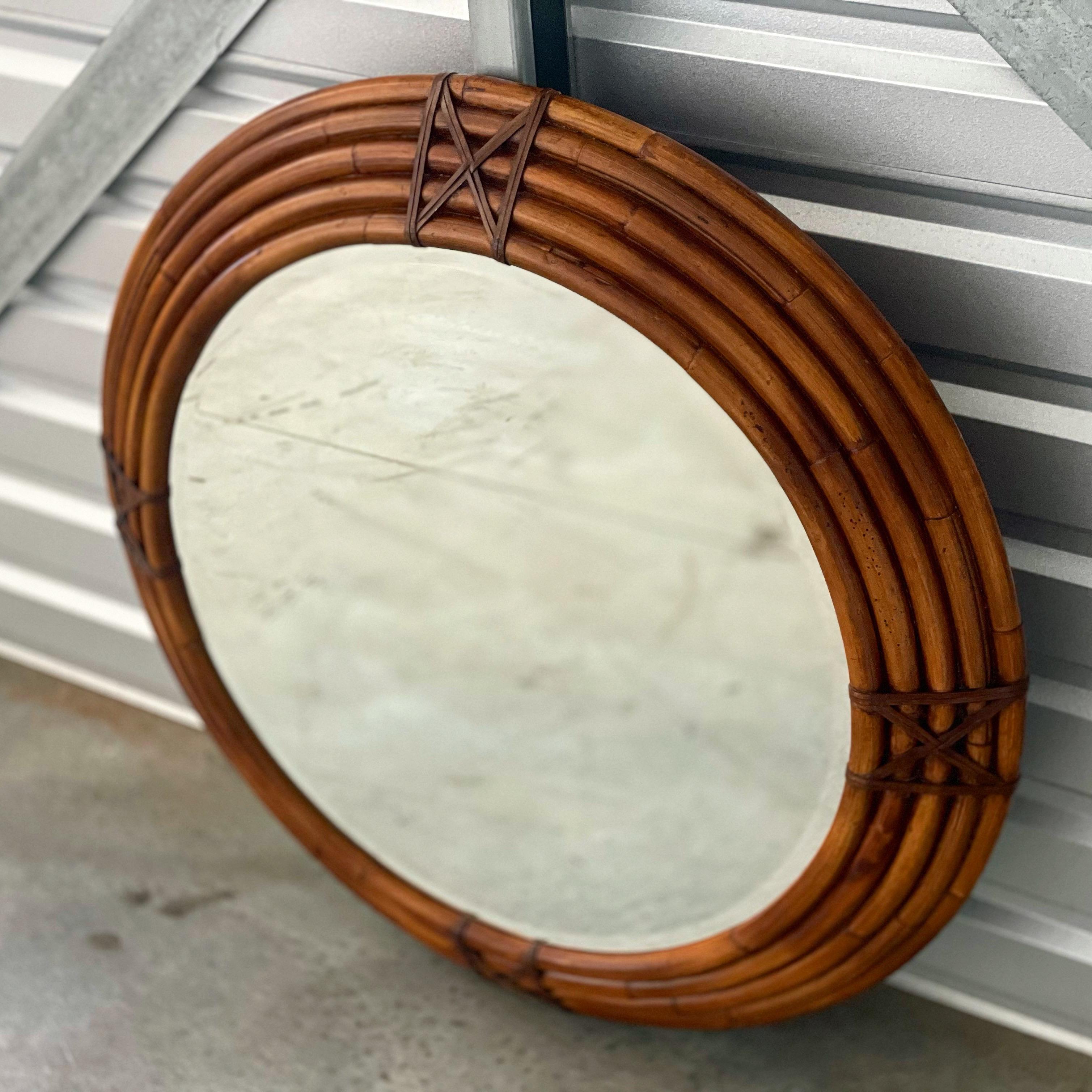 Large Round Midcentury Mirror by Milling Road for Baker in Rattan and Leather In Good Condition In Framingham, MA