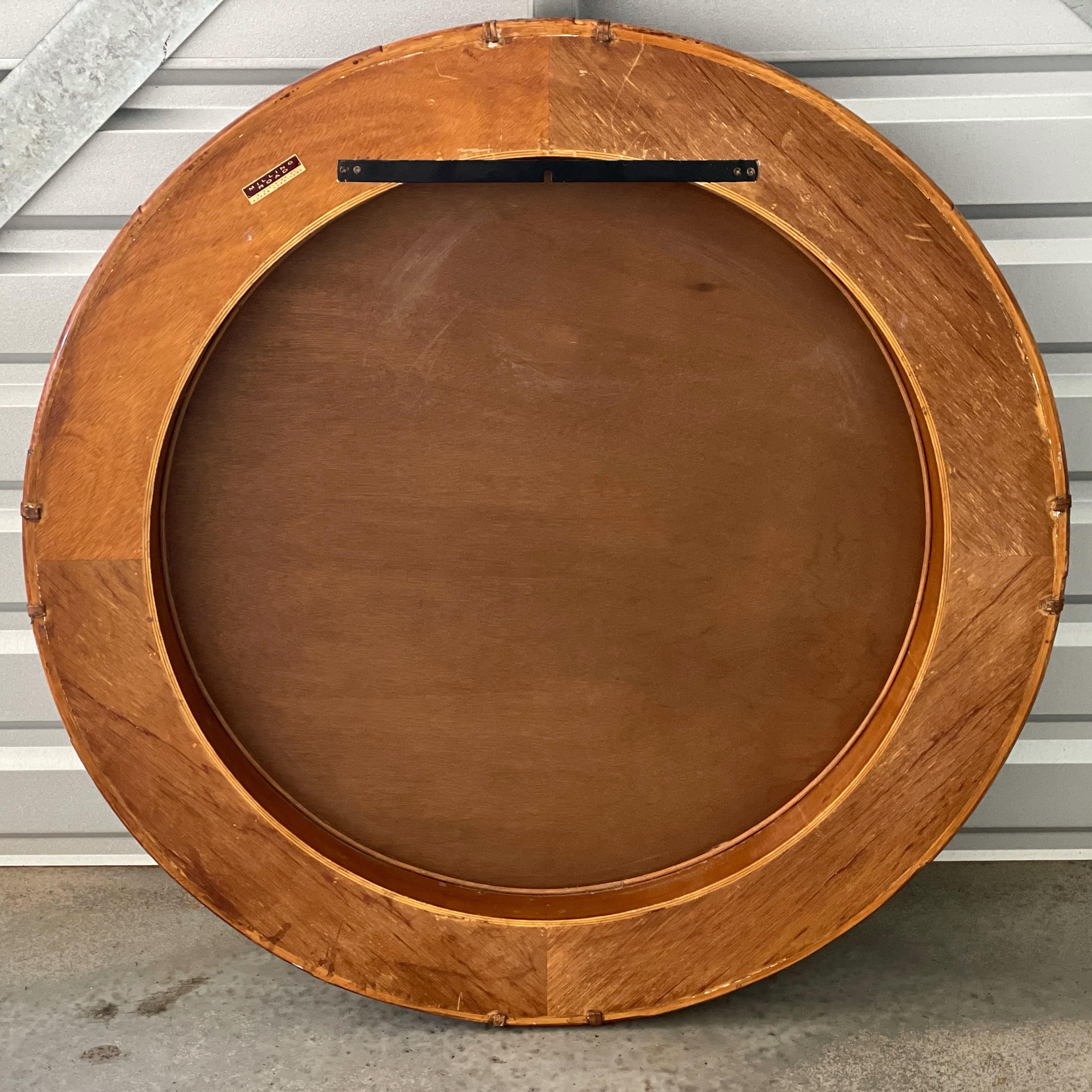 Large Round Midcentury Mirror by Milling Road for Baker in Rattan and Leather 2